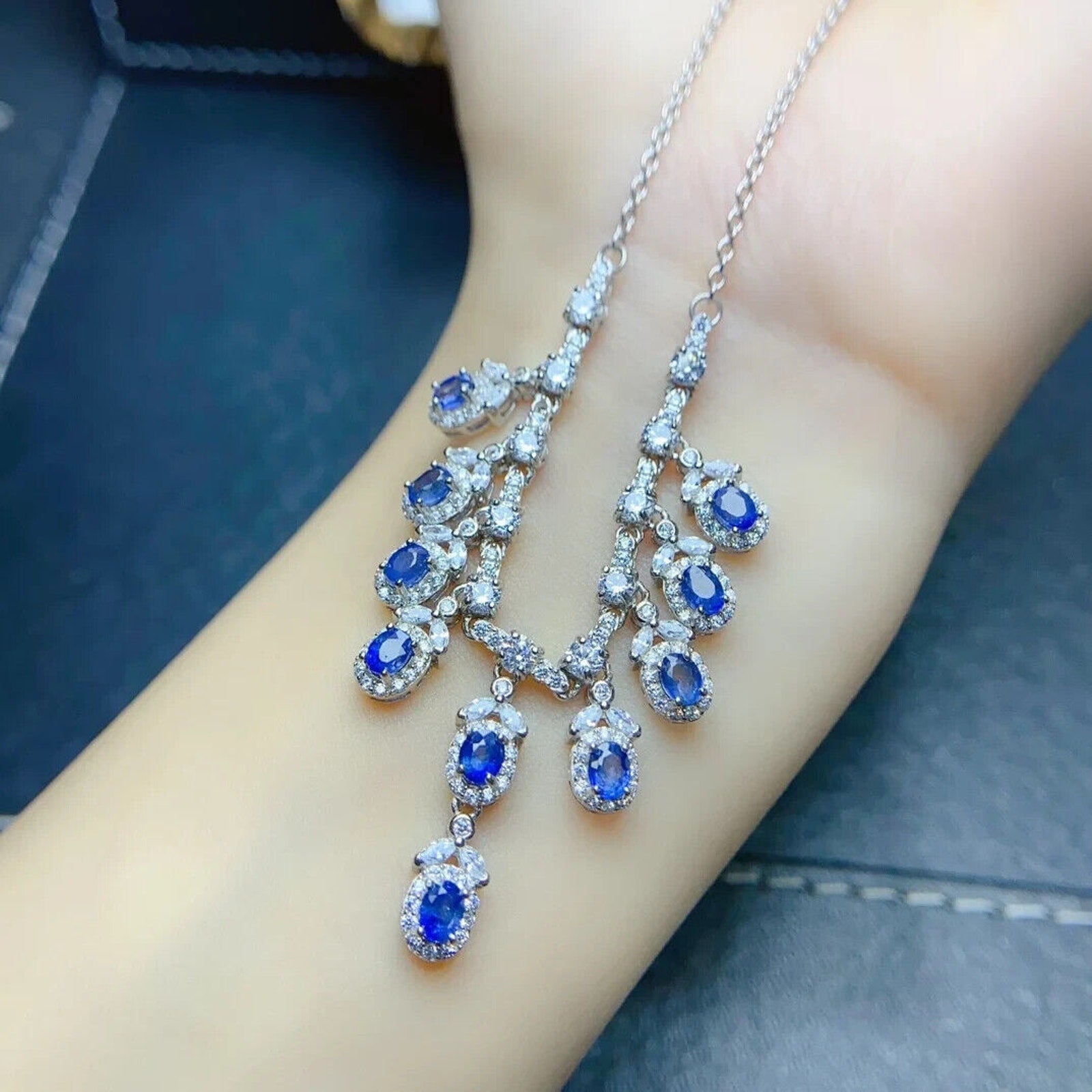 Natural Sapphire Dangle Necklace – 925 Sterling Silver | 3x4mm Charm Necklace
