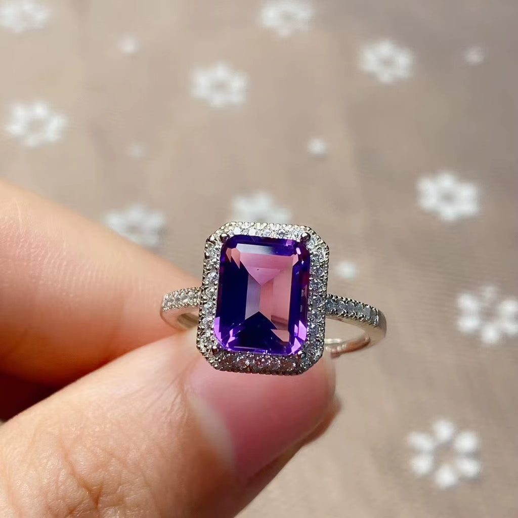 2CT Emerald Cut Amethyst Ring 925 Sterling Silver, Purple Amethyst Ring 7x9mm