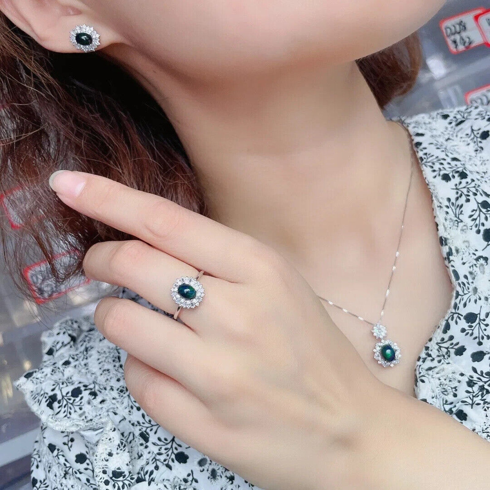 Natural Black Opal Jewelry Set 5x7mm, Women's Dainty Fire Opal Jewelry Set