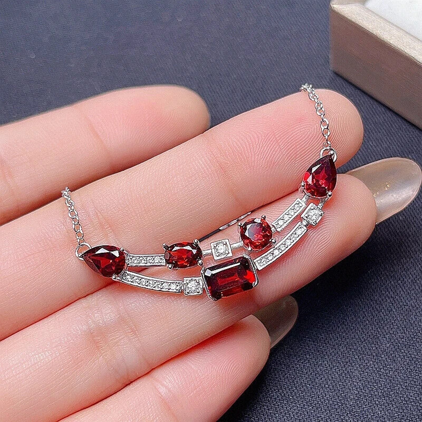 Natural Red Garnet Clavicle Chain Necklace, Natural Red Garnet Gemstone Necklace