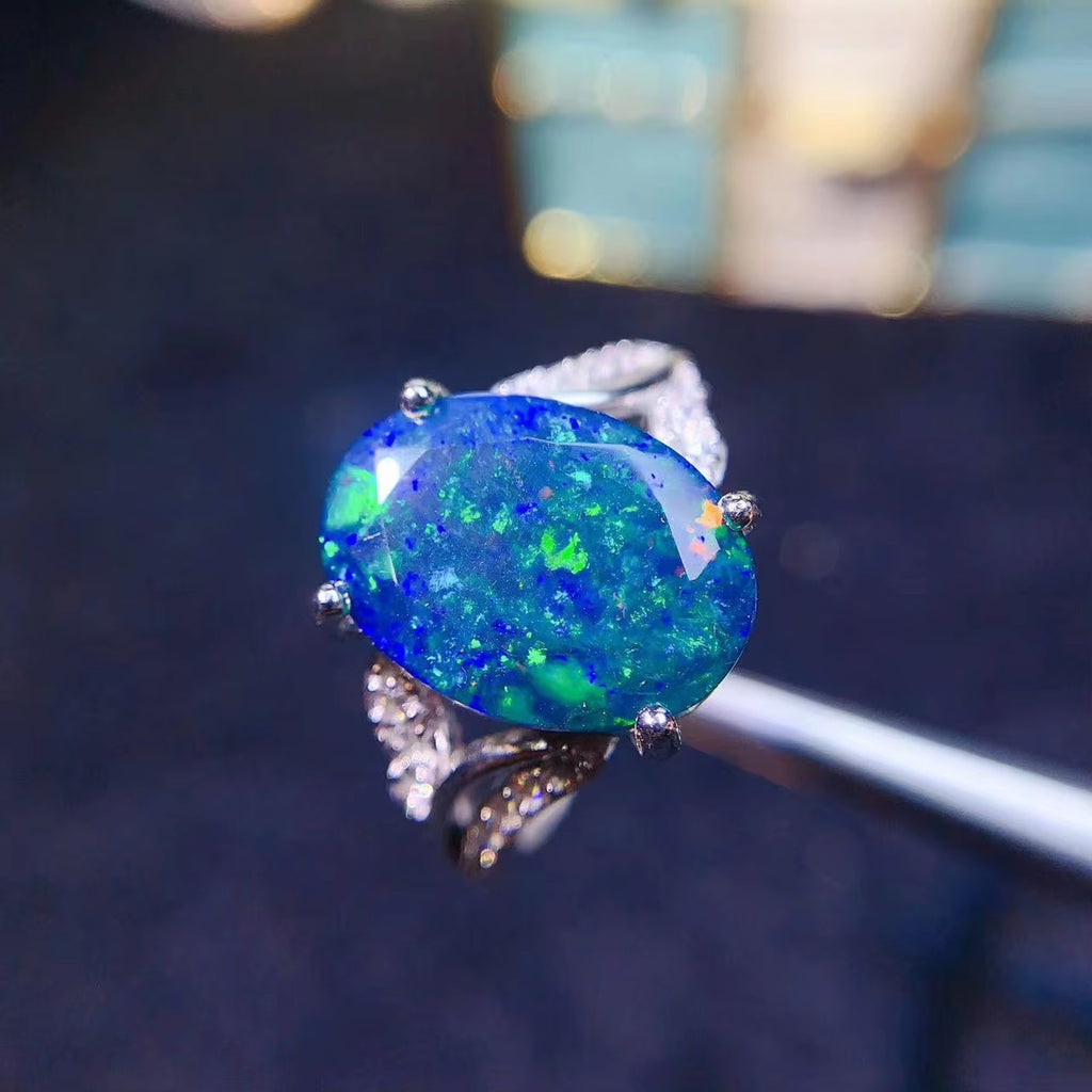 Natural Fire Opal Statement Ring, Black/ Blue Opal Ring ,Natural Fire Opal