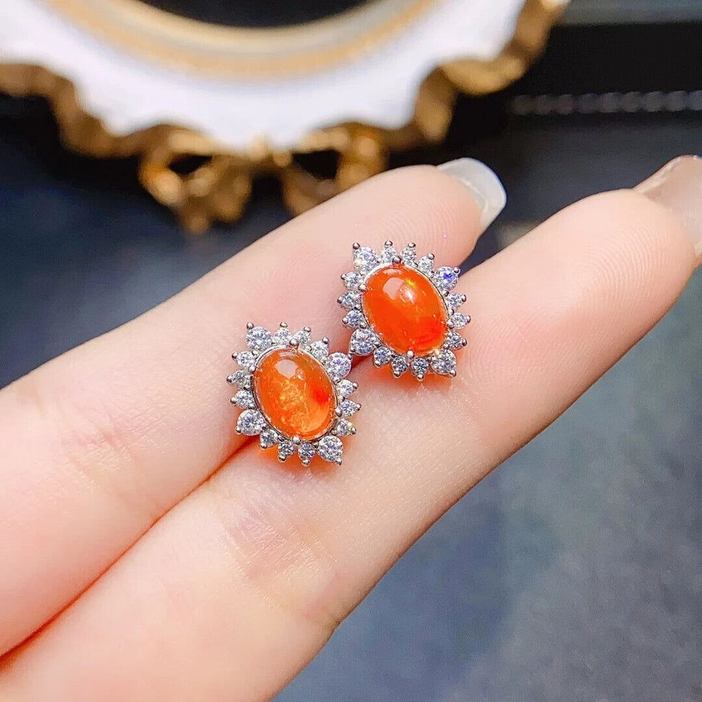 Orange Fire Opal Cluster Stud Earrings, Natural Orange Opal Stud Earrings 6x8mm