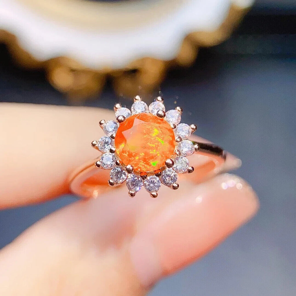 Orange Fire Opal Cocktail Ring 6mm, Natural Orange Opal Statement Ring