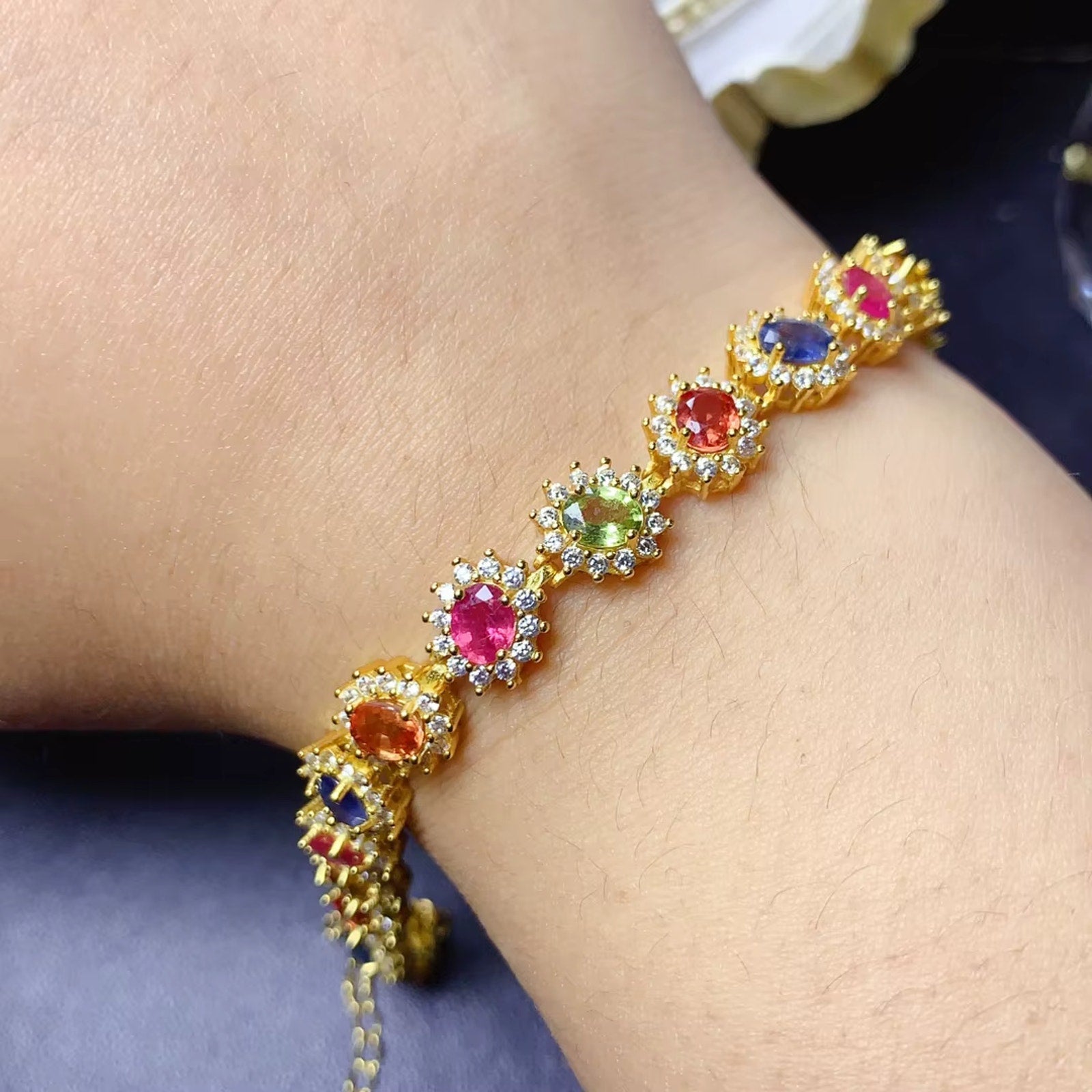 Multicolor Sapphire Bracelet 925 Sterling Silver, Natural Sapphire Bracelet