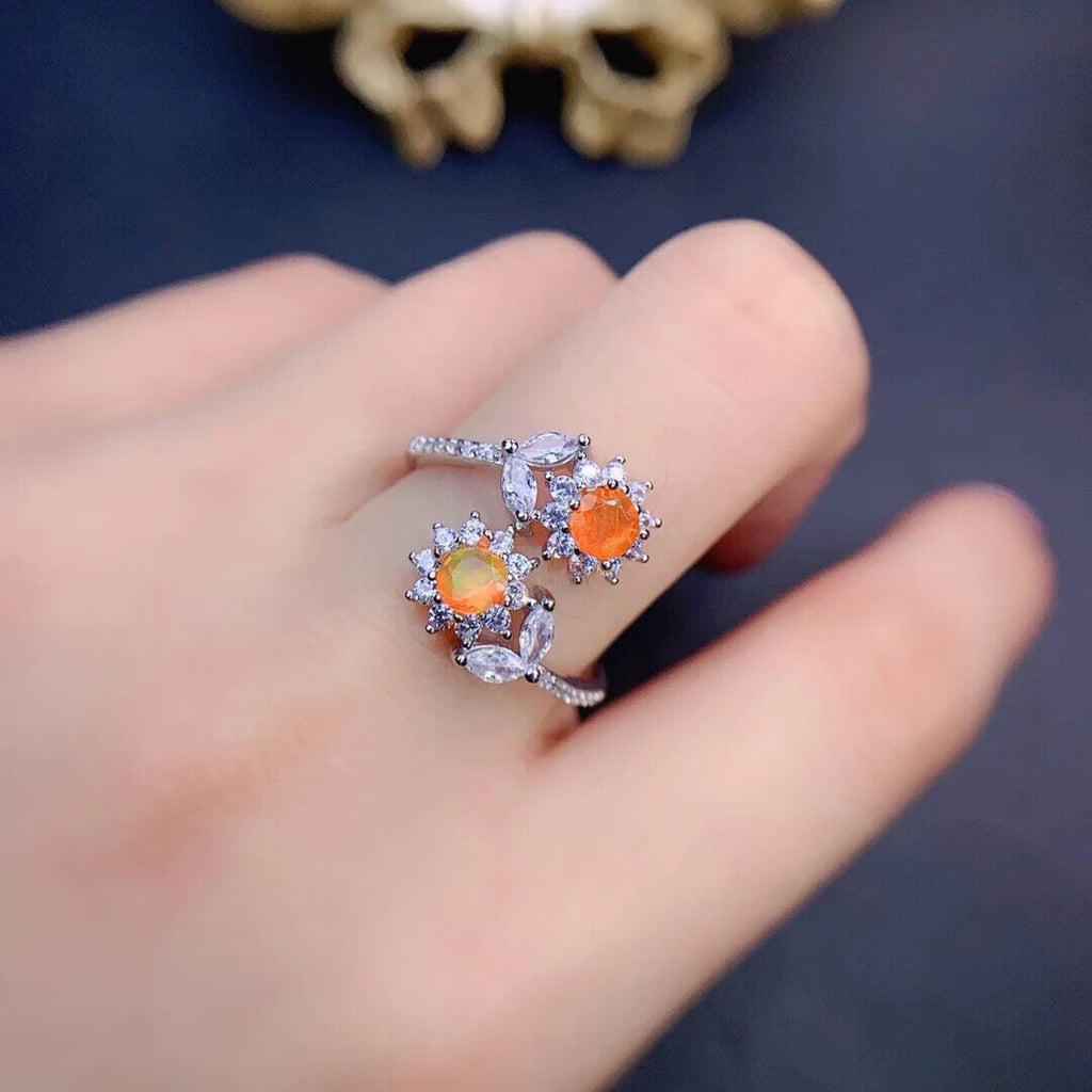 Orange Fire Opal Dainty Flower Ring, Natural Orange Opal Cluster Ring Sterling