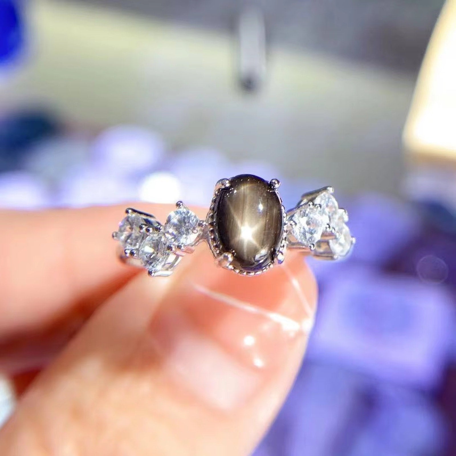 Star Sapphire, Natural Star Sapphire Ring, Star Light Sapphire Ring 6x8mm