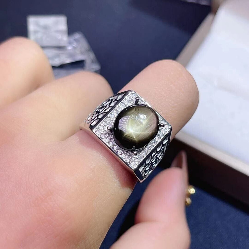 Men's Gray Star Sapphire Big Ring, 10x12mm Men's Star Sapphire Ring Platinum