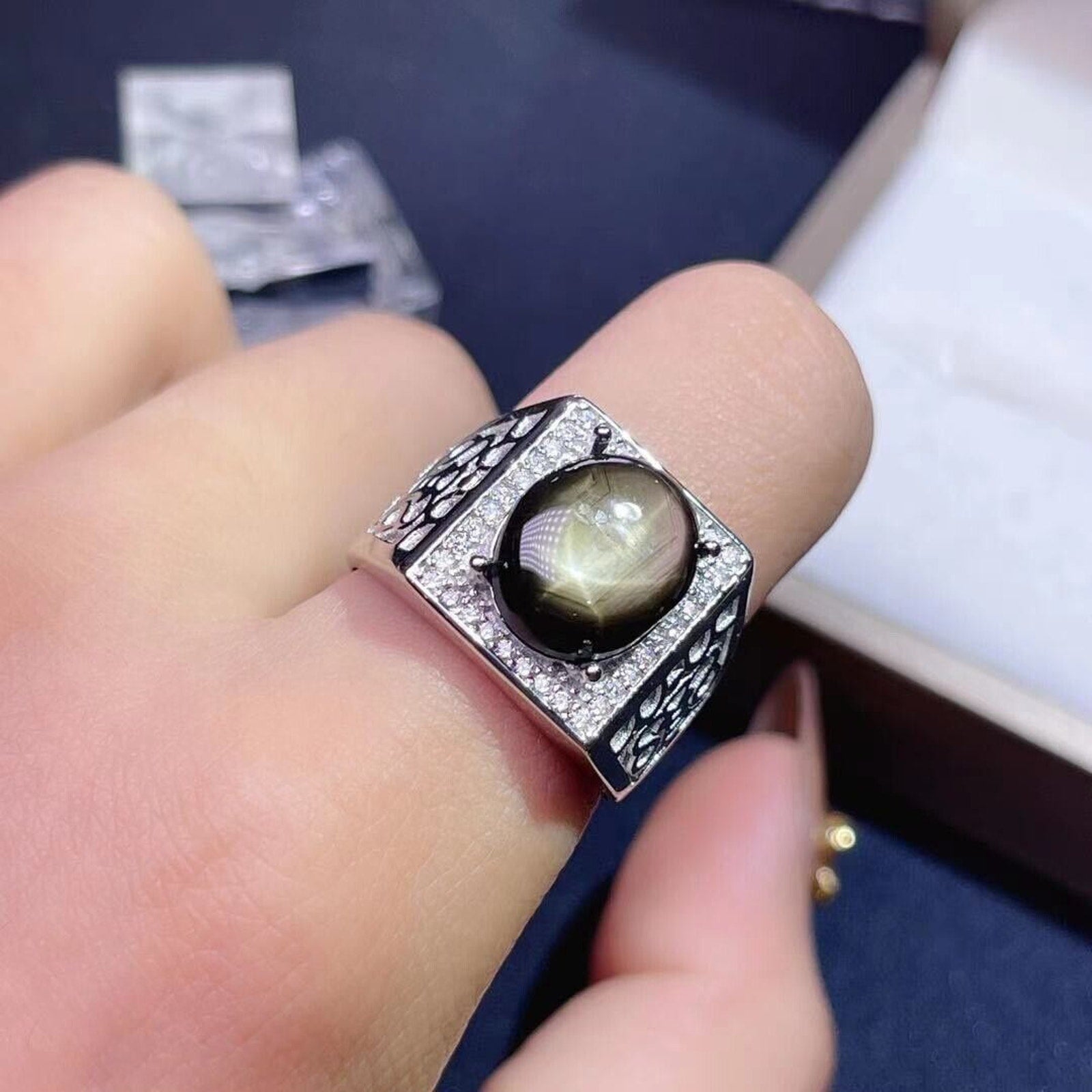 Men's Gray Star Sapphire Big Ring, 10x12mm Men's Star Sapphire Ring Platinum