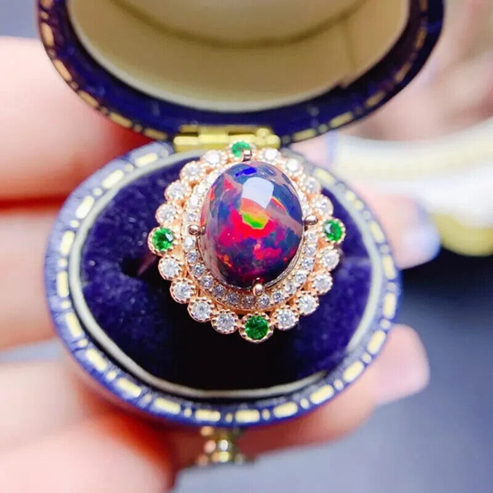 Colorful Black Fire Opal Statement Ring 8x10mm , Natural Fire Opal Ring