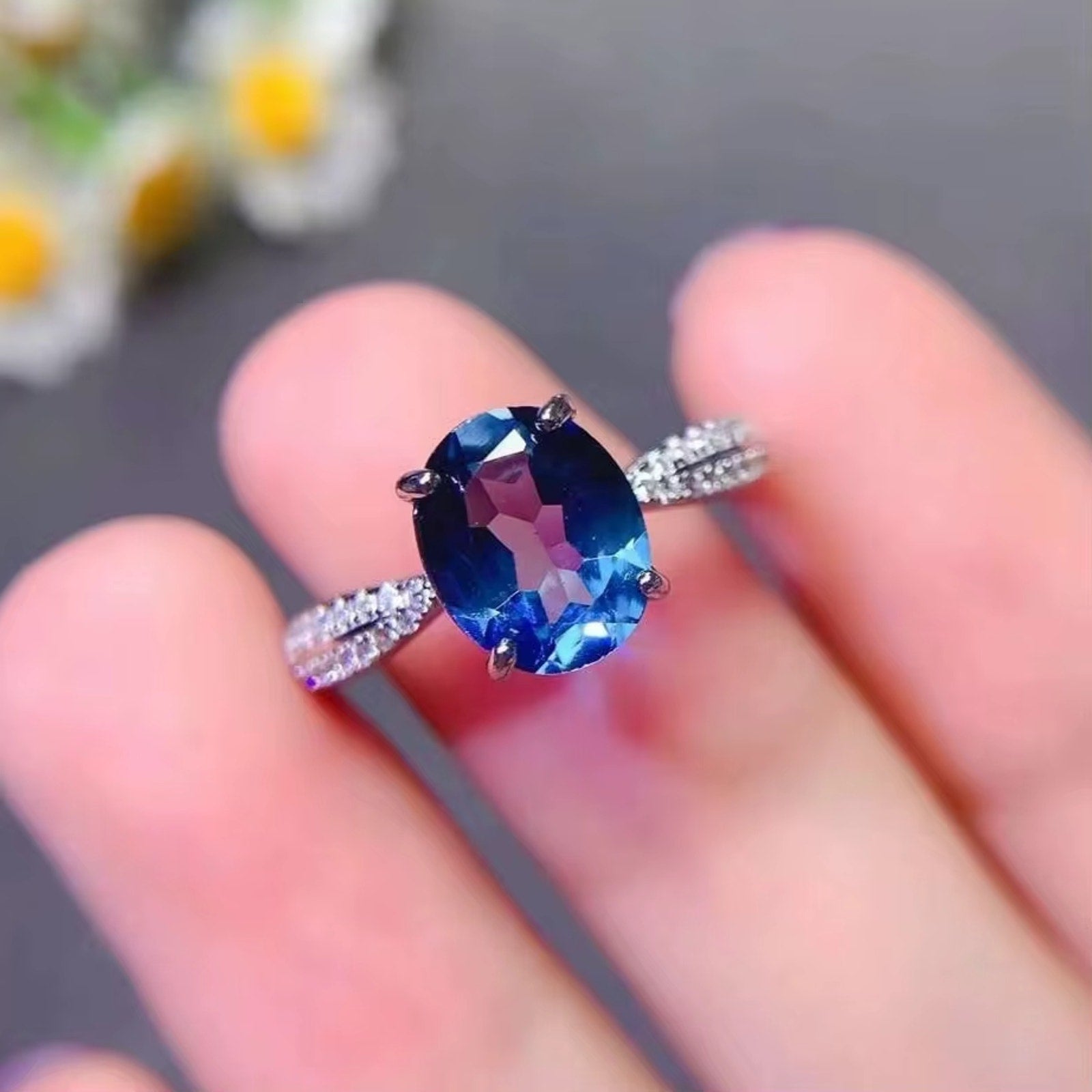 2CT Natural London Blue Topaz Gemstone Ring, London Blue Topaz Ring 8x10mm