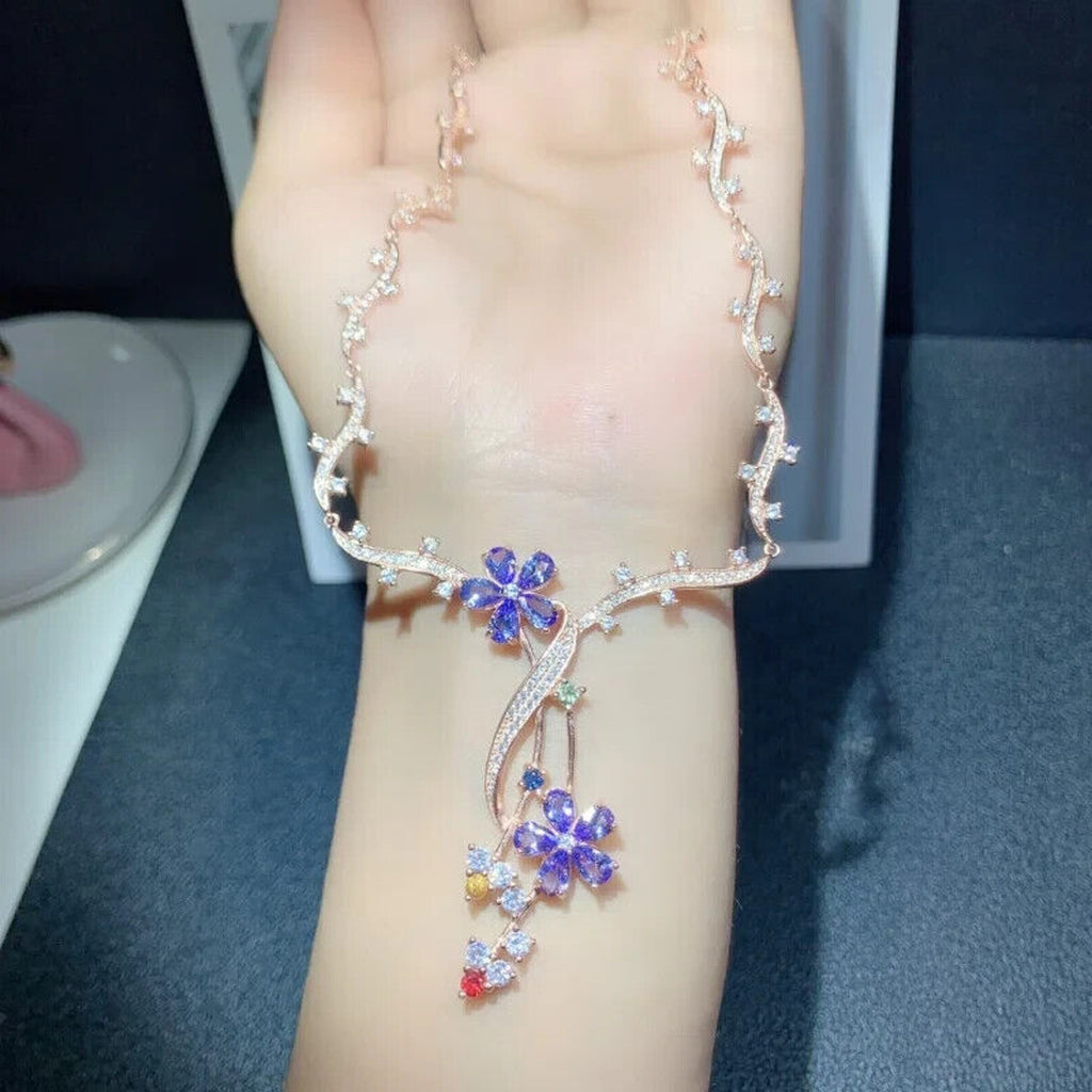 Purple Tanzanite Flower Statement Necklace, VVS1 Pear Cut Purple Tanzanite