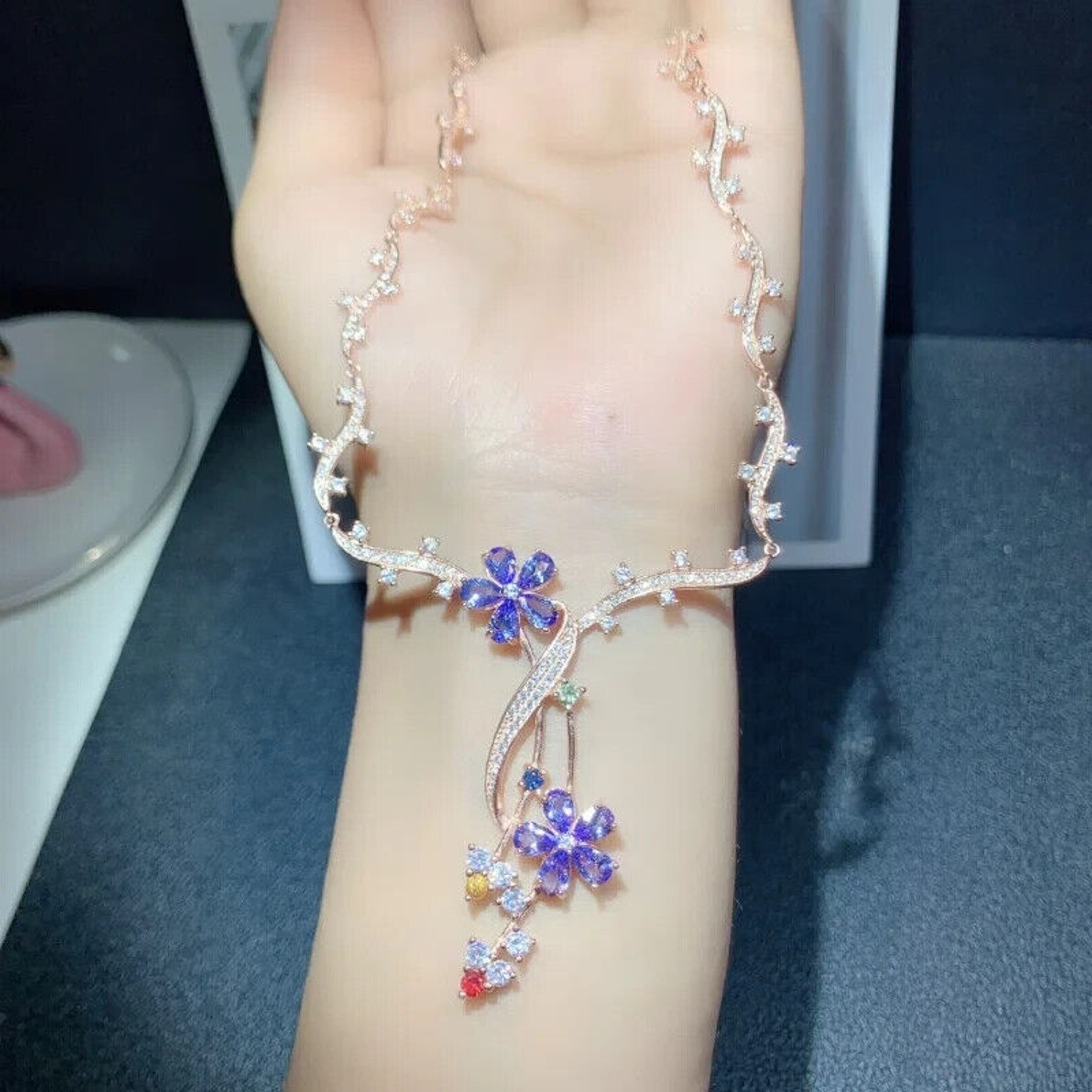 Purple Tanzanite Flower Statement Necklace, VVS1 Pear Cut Purple Tanzanite