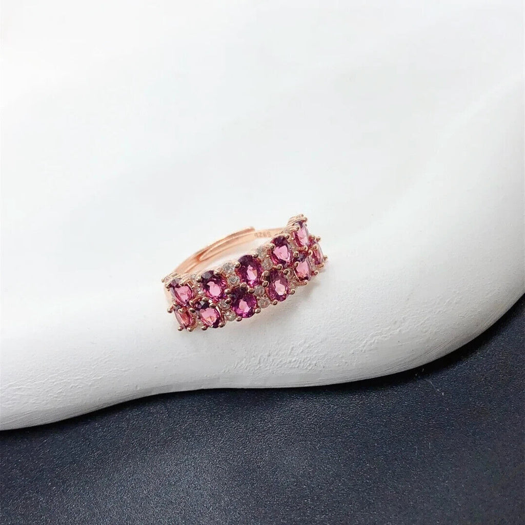 Natural Pink Garnet Double Layer Band Ring 3x4mm Platinum Plated Sterling