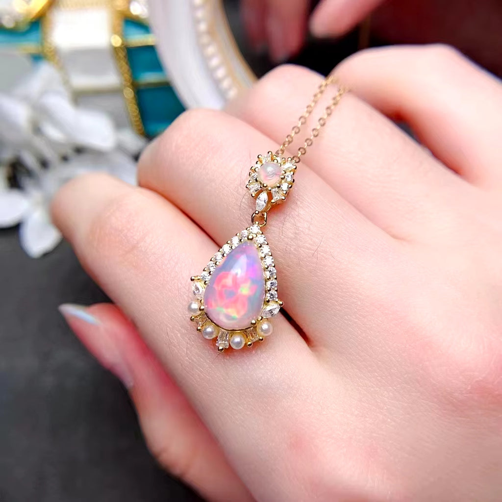 Natural Fire Opal Pendant Necklace, Opal Necklace 925 Sterling Silver 8x12mm