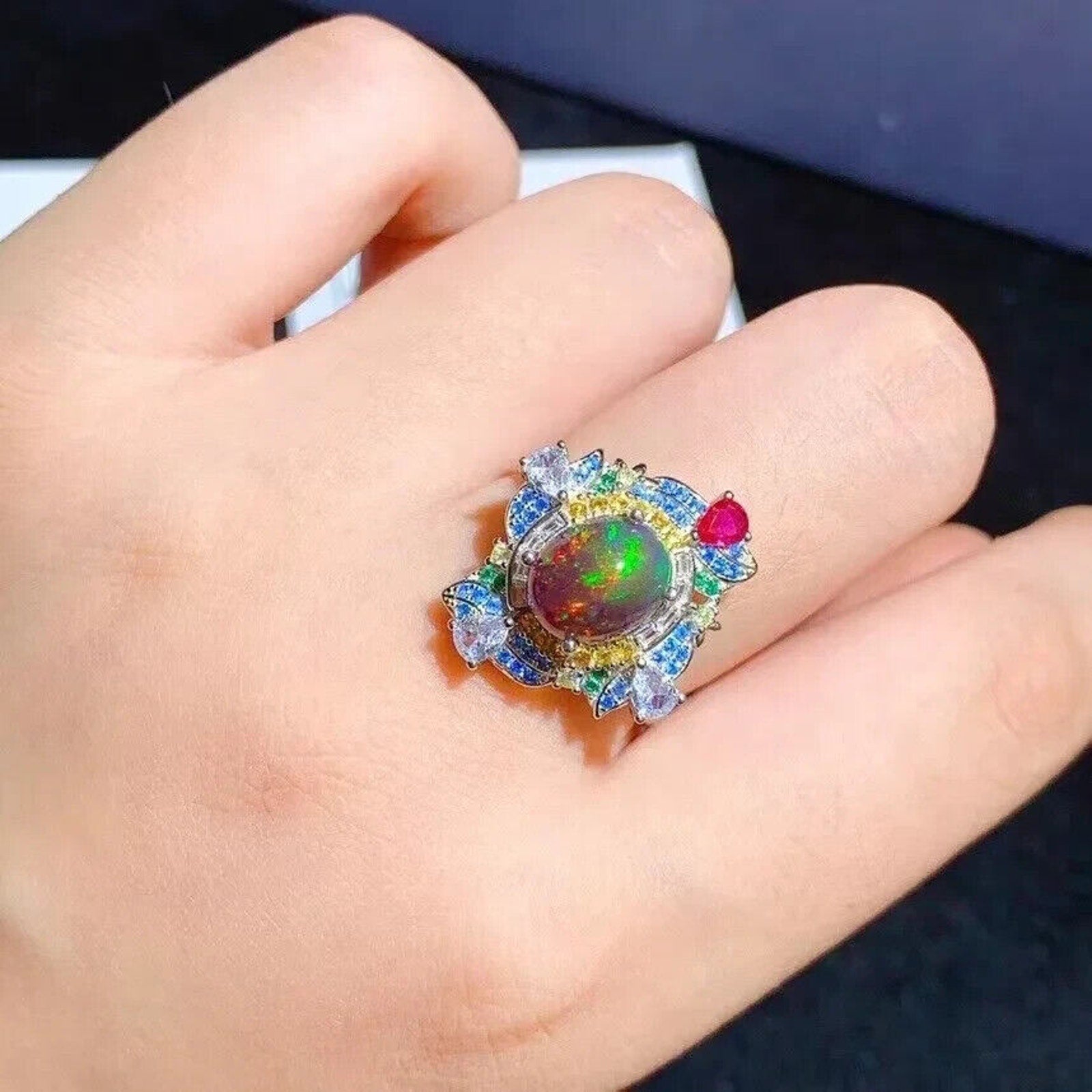 Black Fire Opal Cocktail Ring, Natural Opal Gemstone Ring, Women's Opal Rings