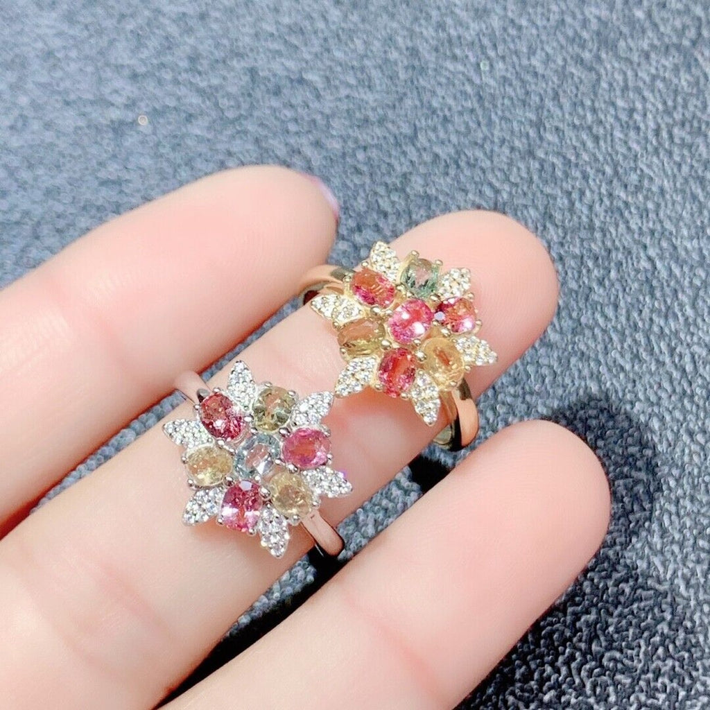 Natural Tourmaline Flower Cluster Ring, Women's Tourmaline Rings Silver