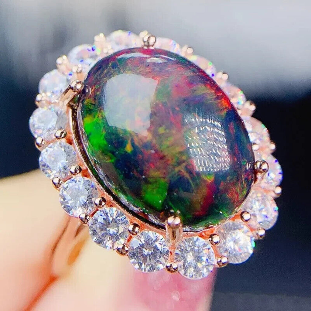 Huge Black Fire Opal Statement Ring 12x16mm 7CT, Natural Fire Opal Ring