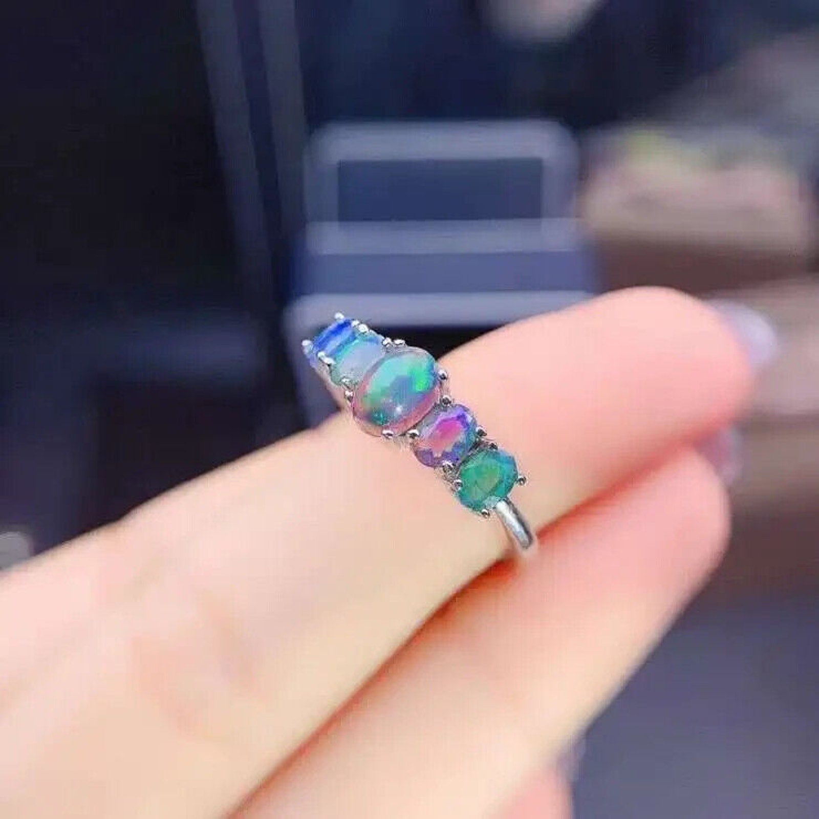 Natural Fire Opal Multicolor Band Ring, Women's Black Fire Opal Band Ring