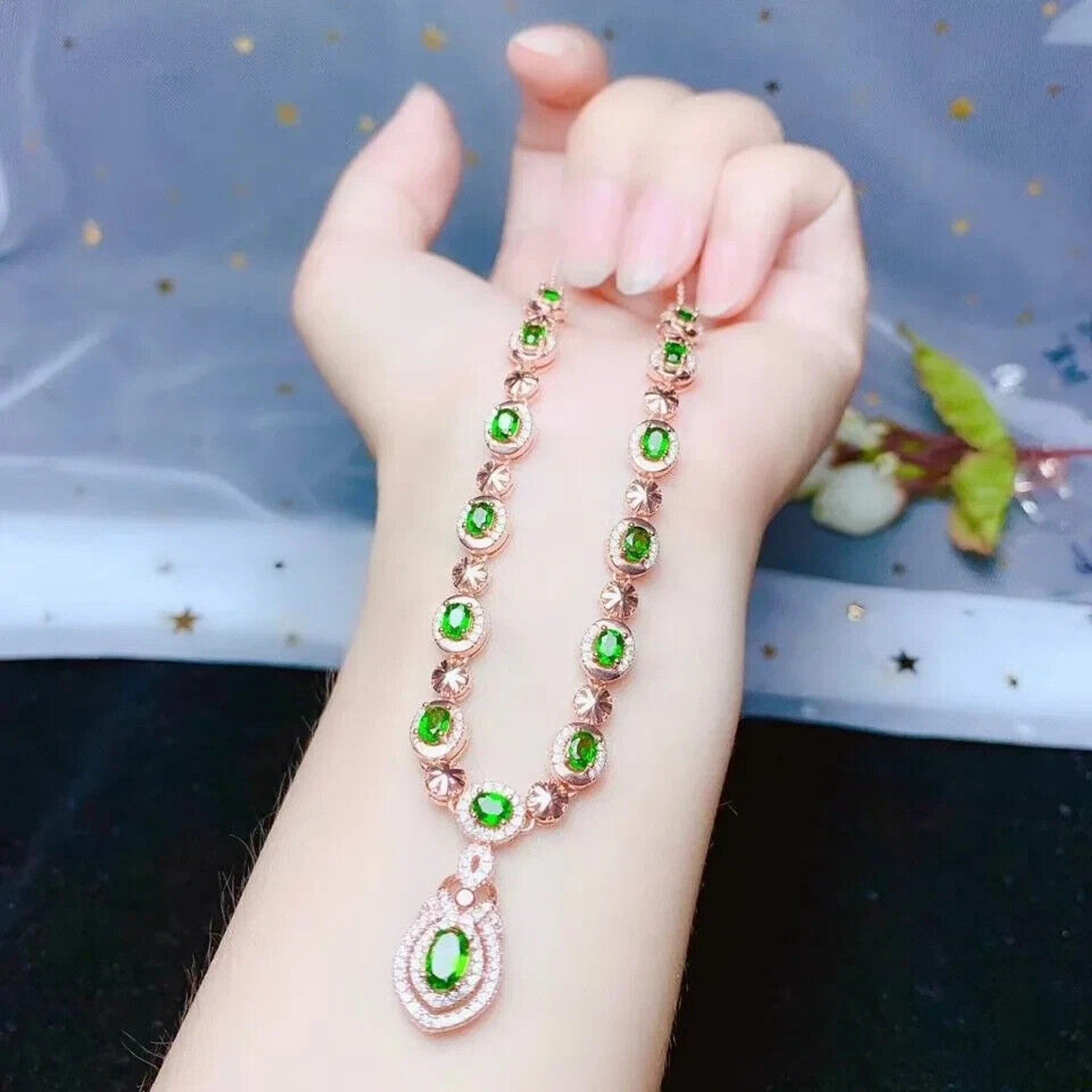 Natural Chrome Diopside Statement Necklace, Diopside Necklace 925 Sterling