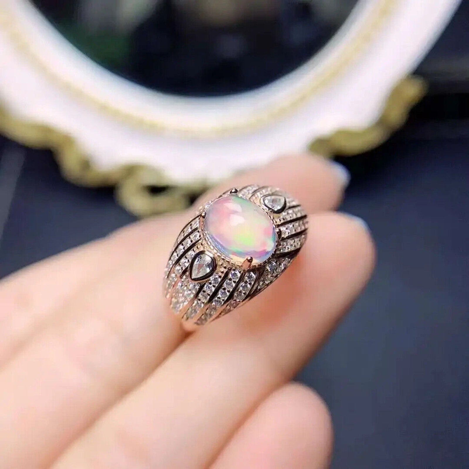 Natural White Opal Cocktail Ring, Women's Wide Band Opal Ring Sterling Silver