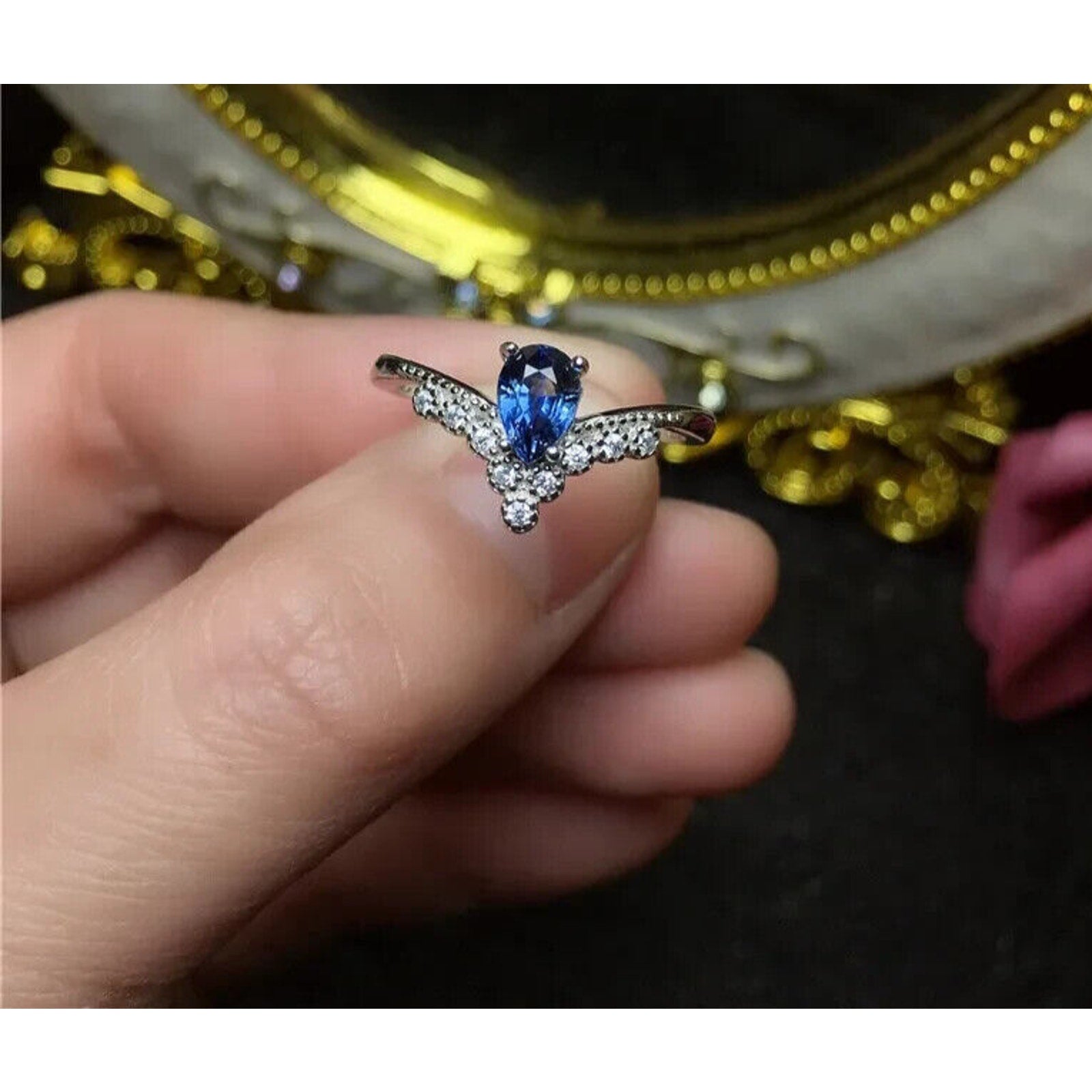 Dainty Sapphire Statement Ring 4x6mm Sterling Silver, Natural Sapphire Ring