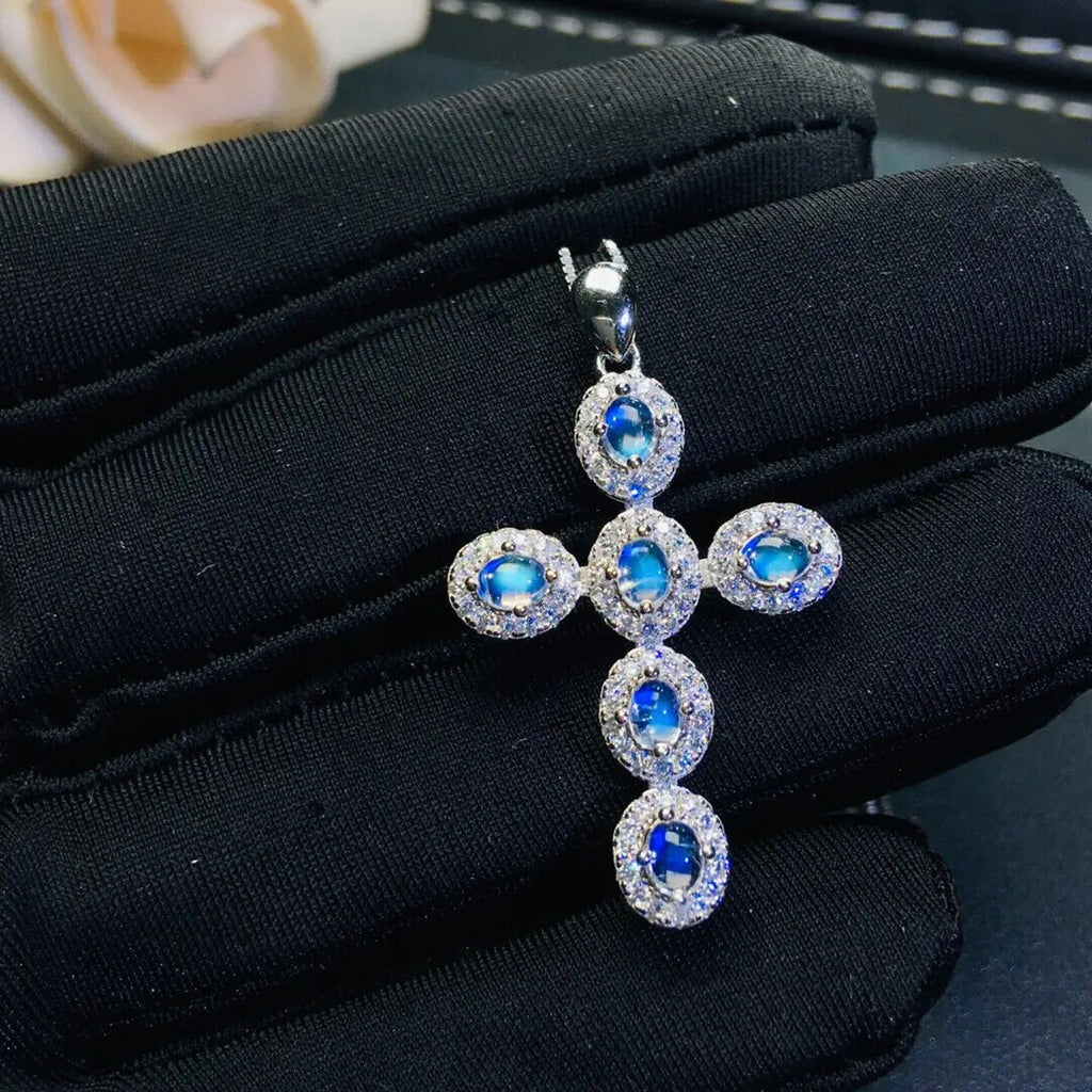 Natural Gemstone Cross Necklace, Ruby, Sapphire, Emerald, Moonstone, Aquamarine