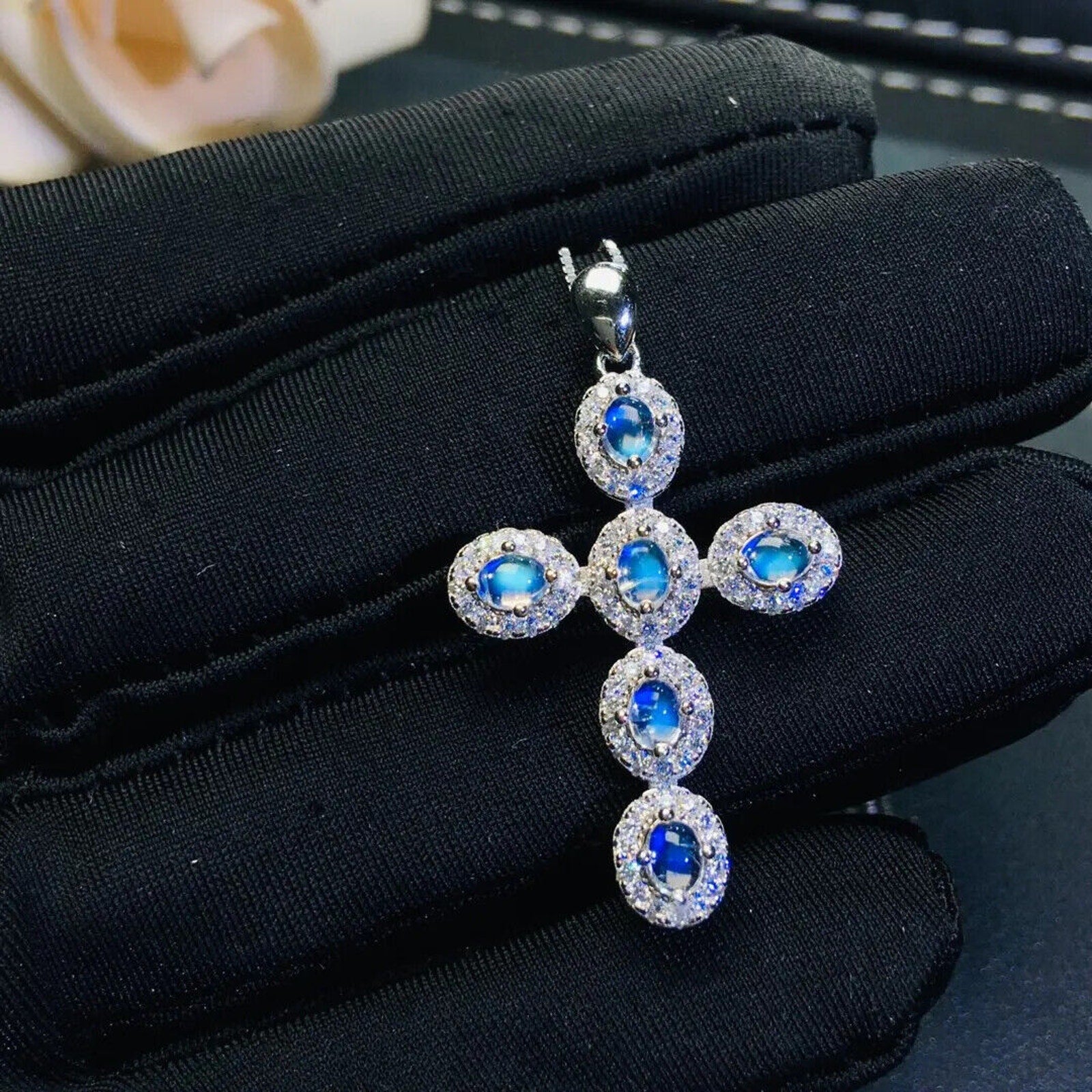 Natural Gemstone Cross Necklace, Ruby, Sapphire, Emerald, Moonstone, Aquamarine