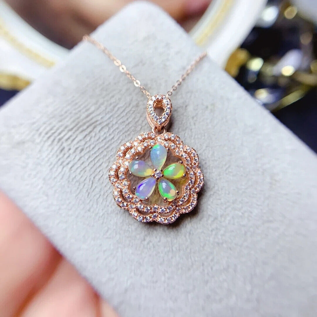 Australian Opal Flower Pendant Necklace 3x5mm, Natural Fire Opal Pendant