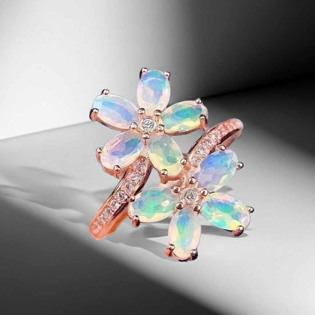 Faceted Fire Opal Flower Ring Ring 14k Rose Gold Plated