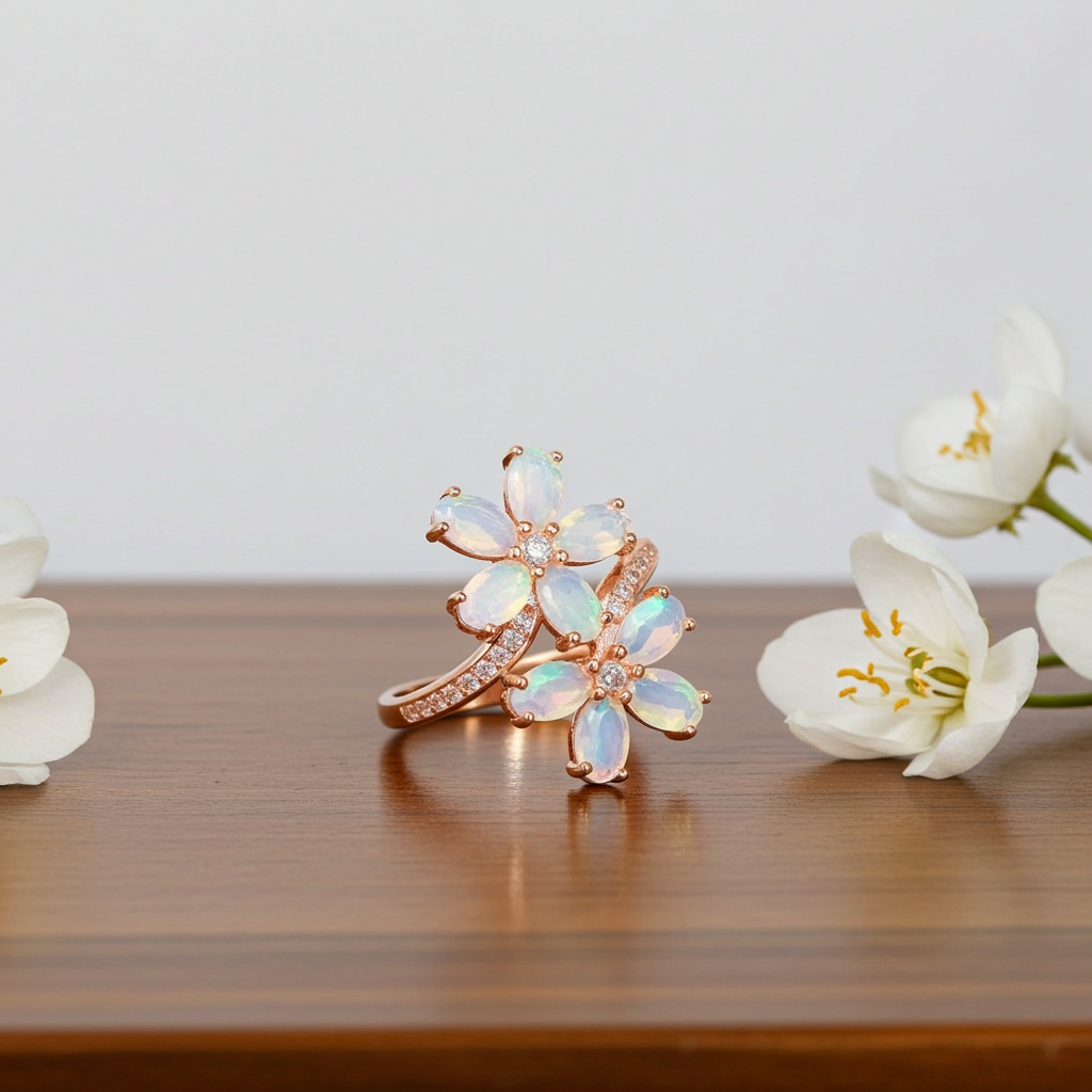 Faceted Fire Opal Flower Ring Ring 14k Rose Gold Plated