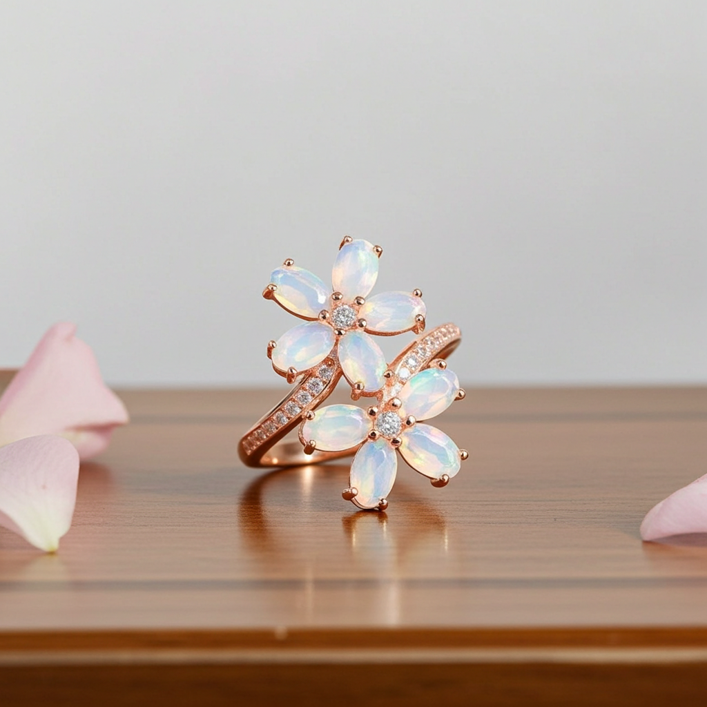 Faceted Fire Opal Flower Ring Ring 14k Rose Gold Plated