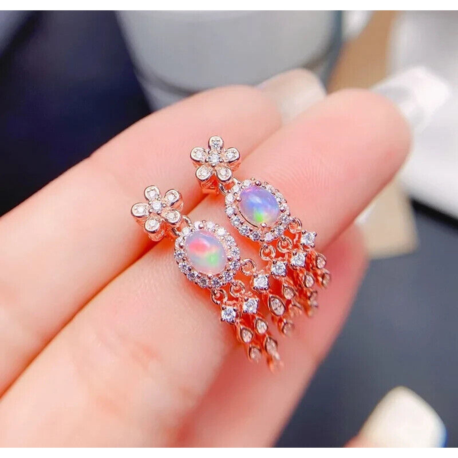 Natural Fire Opal Rose Gold Dangle Earrings, Dainty Opal Dangle Earrings 4x5mm