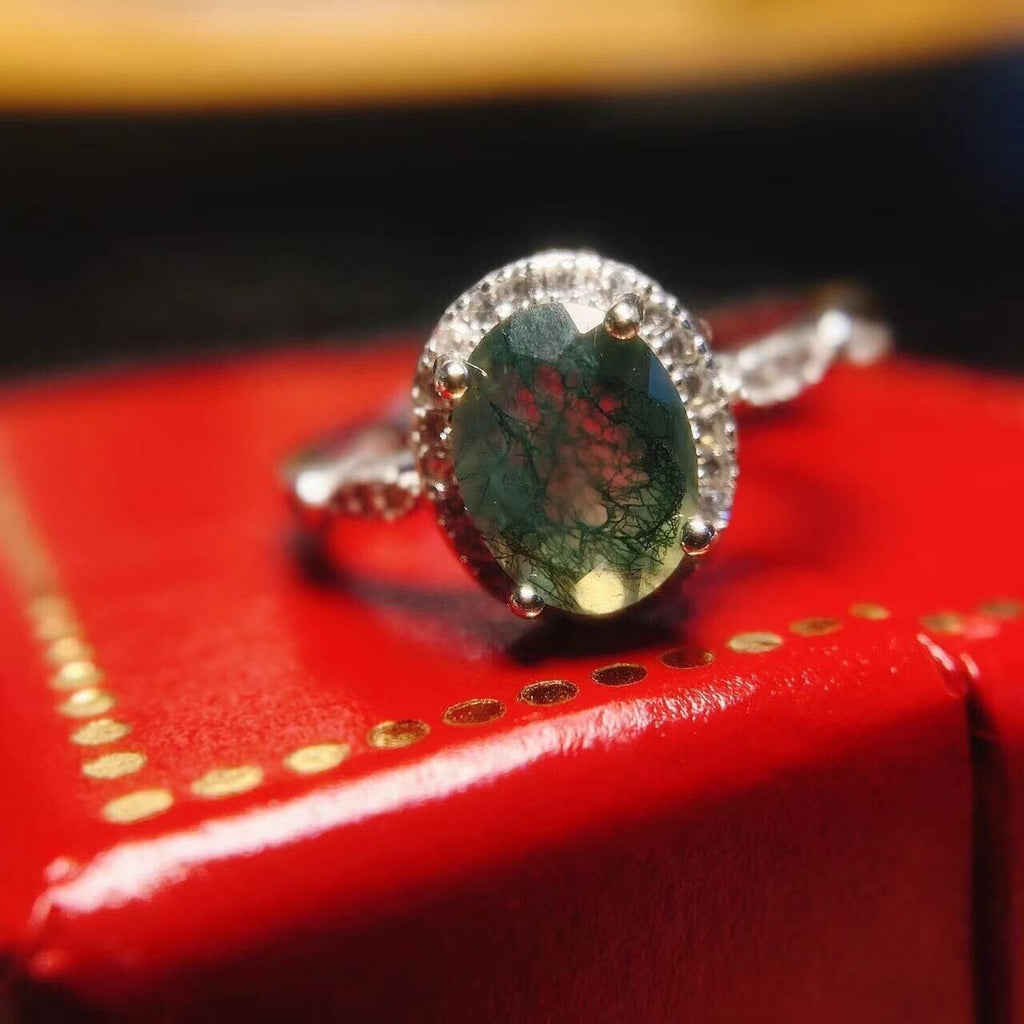 Moss Agate 925 Sterling Silver Ring, 6x8 Natural Moss Agate