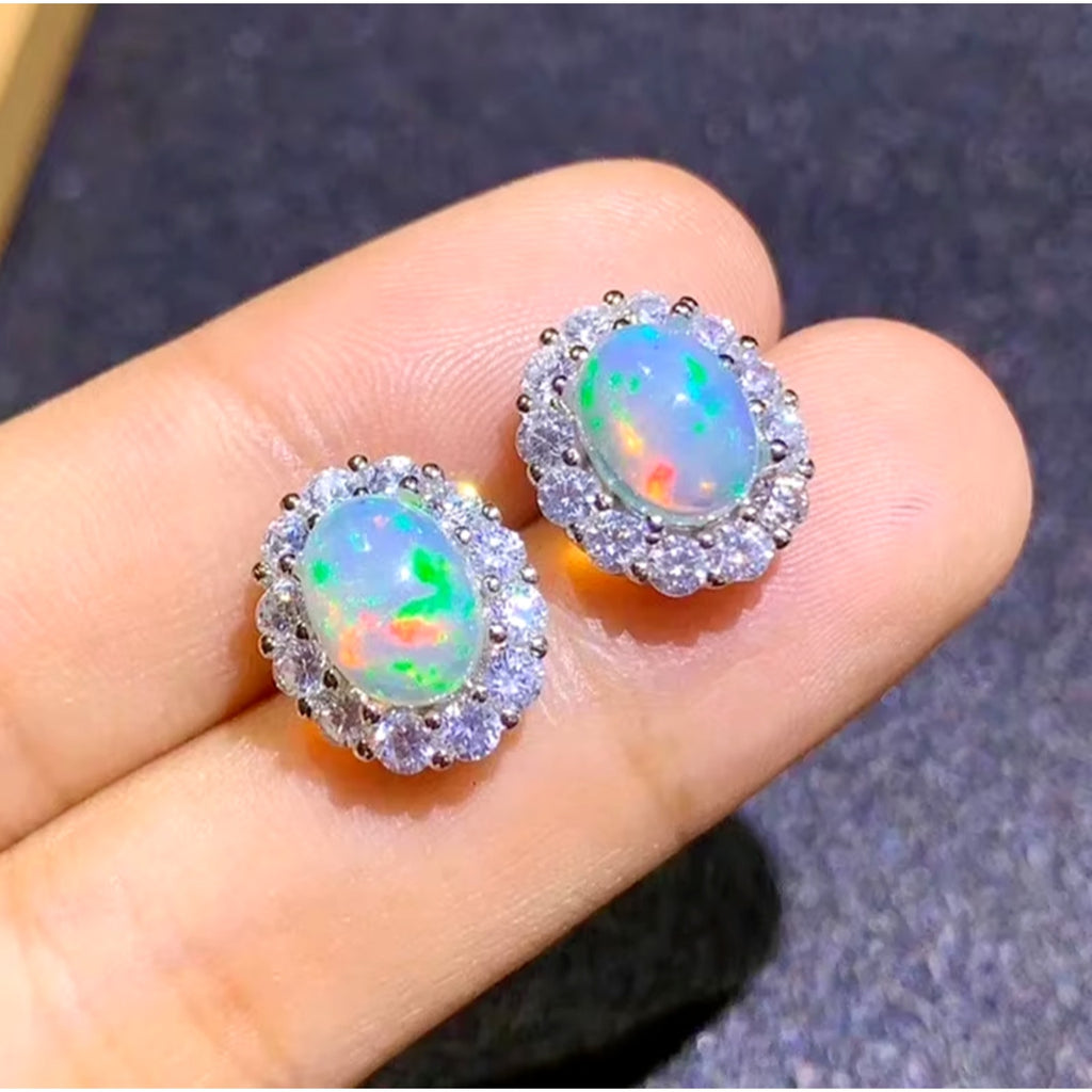 Natural Fire Opal Earrings, Women's Opal Stud Earrings 925 Sterling Silver 6x8mm
