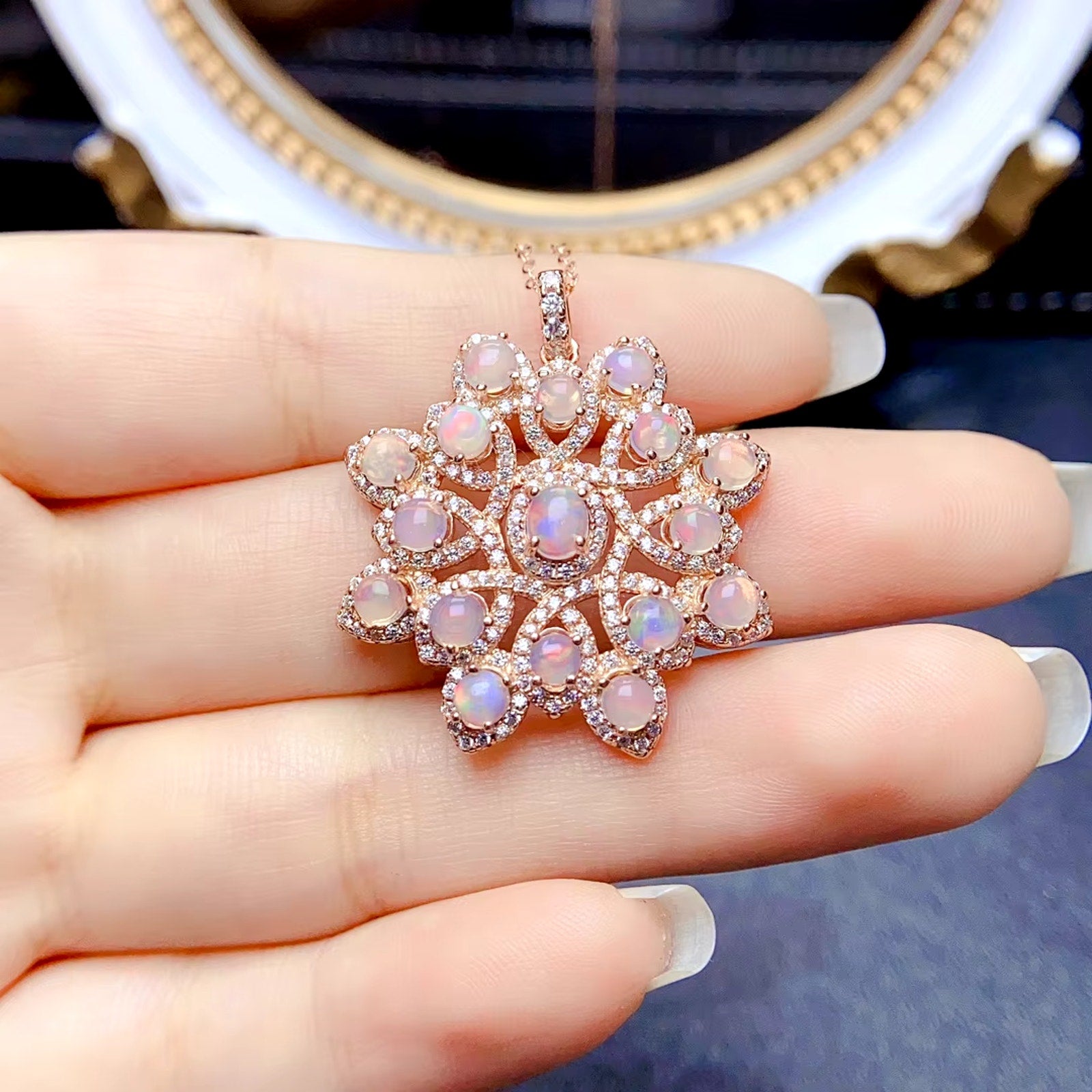 Natural Fire Opal Pendant Necklace Platinum Plated Silver