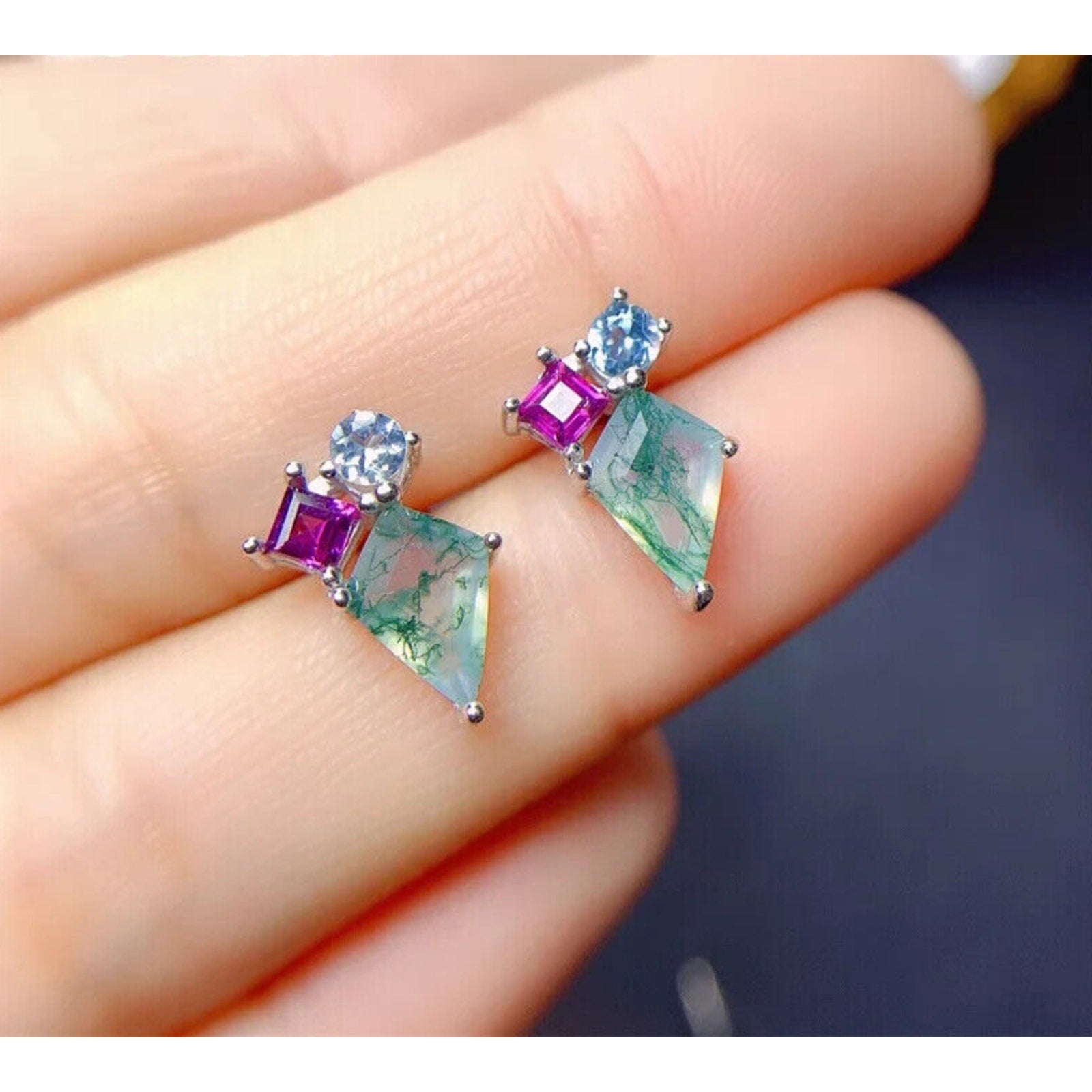 Natural Moss Agate Stud Earrings 925 Sterling Silver