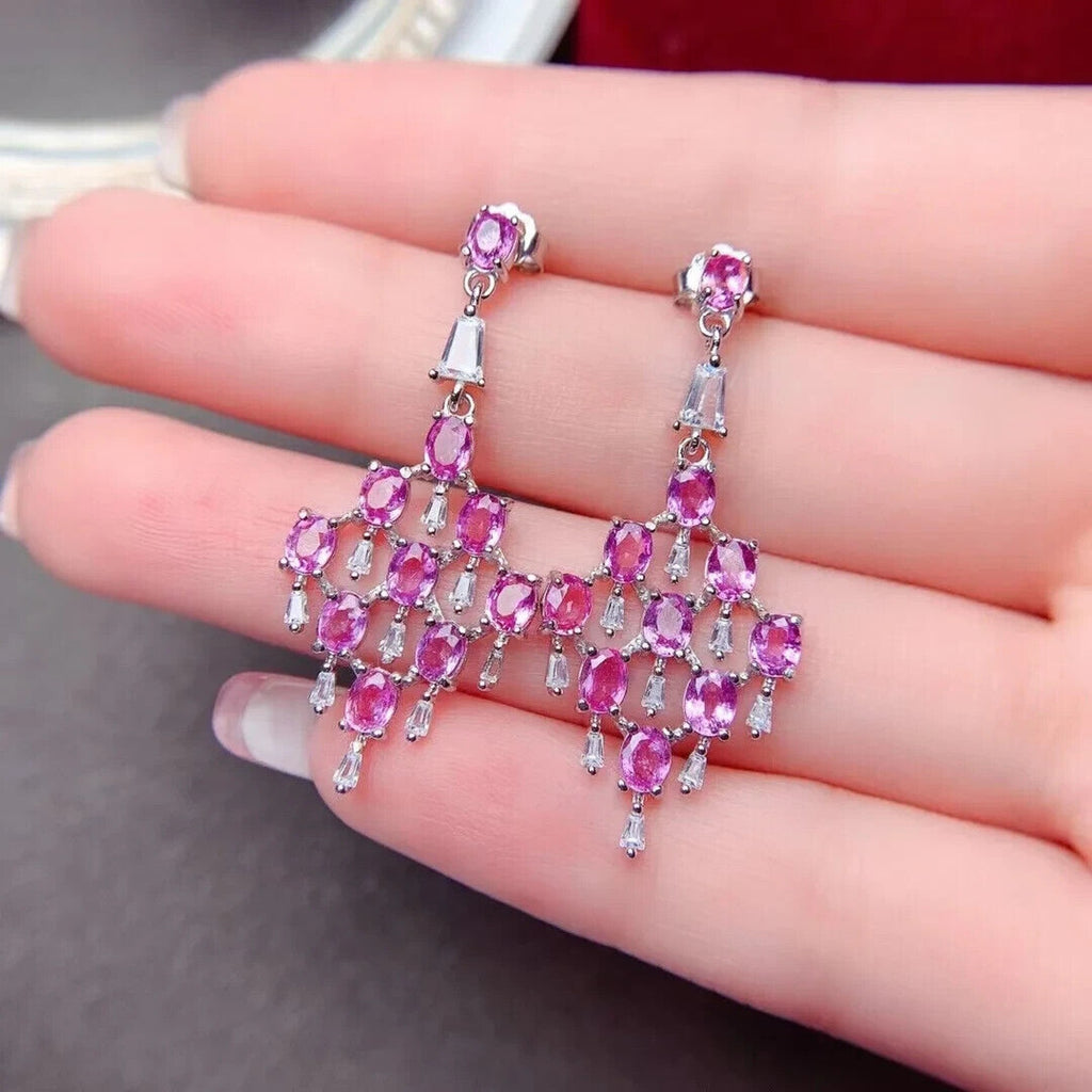 Pink Sapphire Chandelier Earrings VVS Grade 3x4mm Platinum Plated