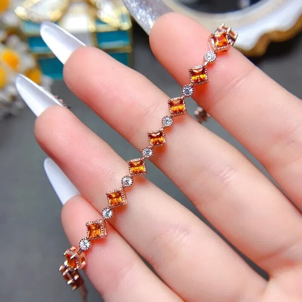 Natural Orange Garnet Tennis Bracelet 3mm, Square Cut Orange Garnet Bracelet