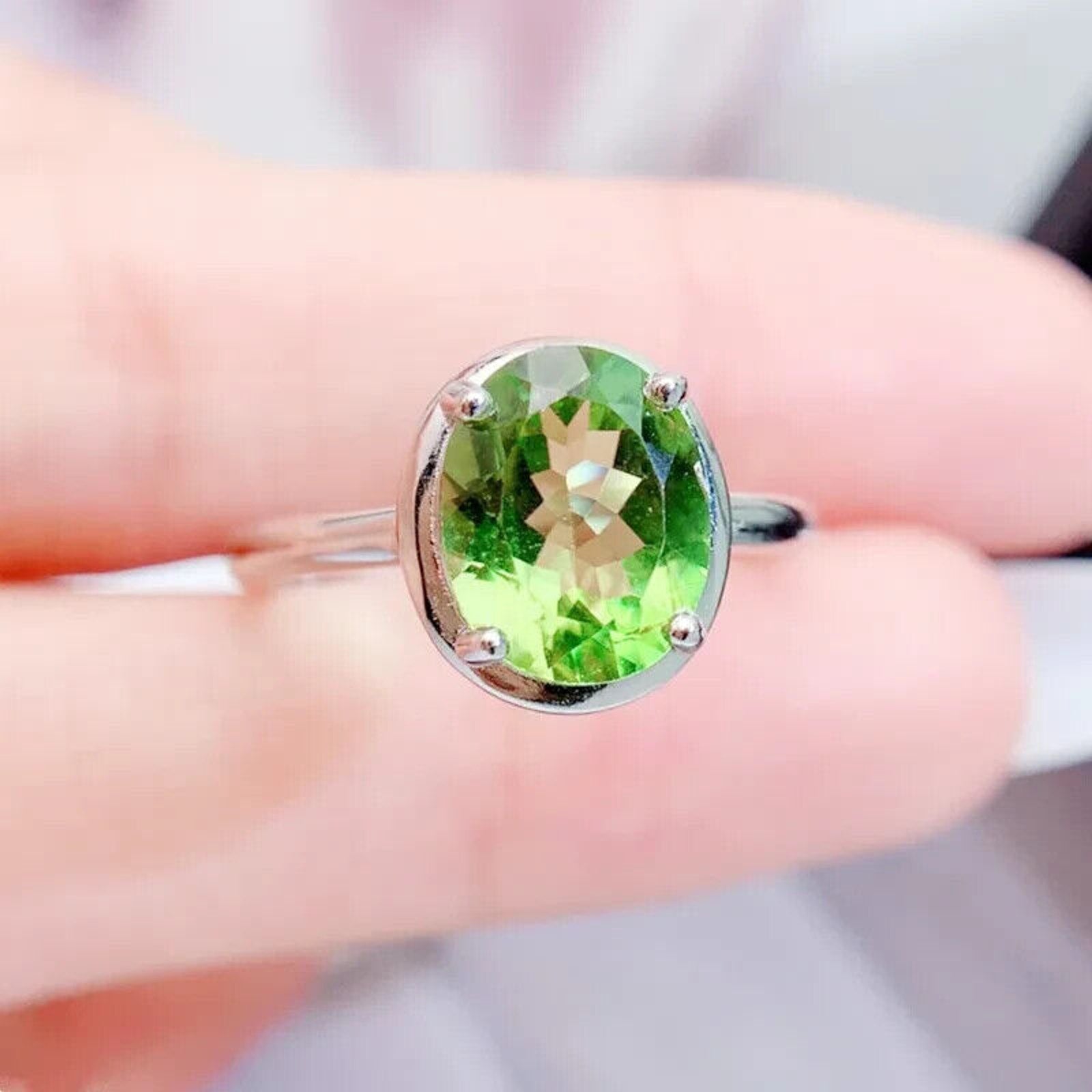 Natural Peridot Gemstone Ring 8x10mm 2.5CT, August Birthstone Peridot Ring