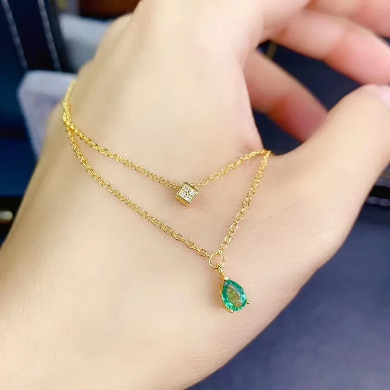 Dainty Emerald Pendant Necklace 4x6mm Gold Plated 925 Sterling Silver