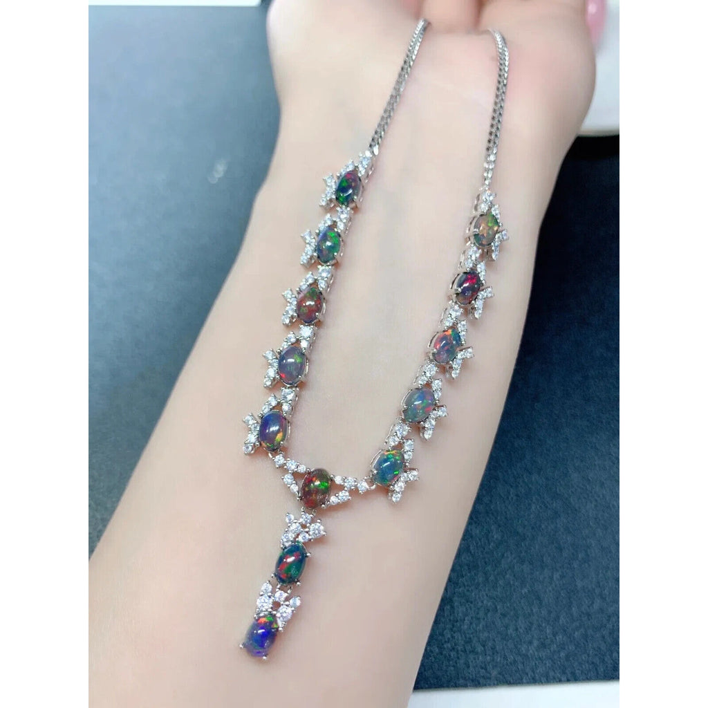 Natural Black Fire Opal Statement Necklace, Colorful Black Opal Necklace