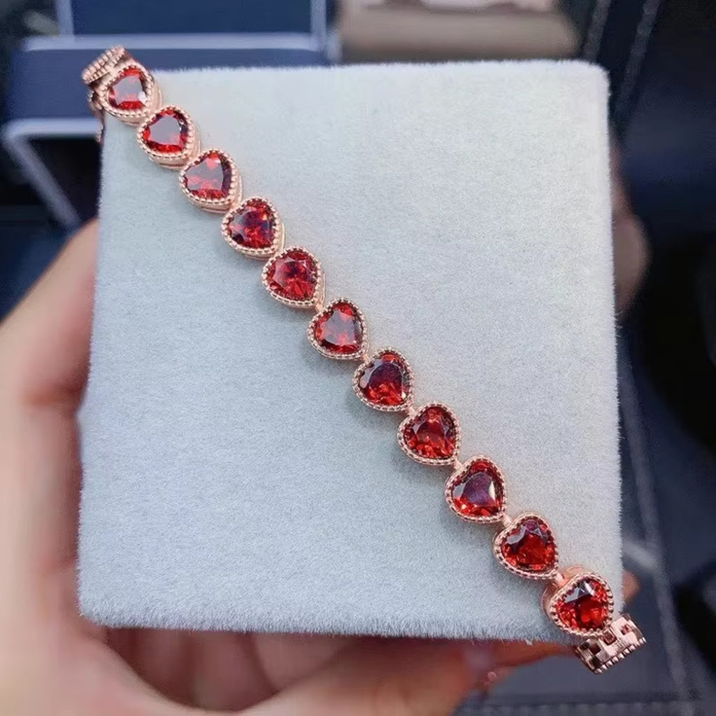 Red Garnet Gemstone Heart Bracelet 5mm 925 Sterling Silver