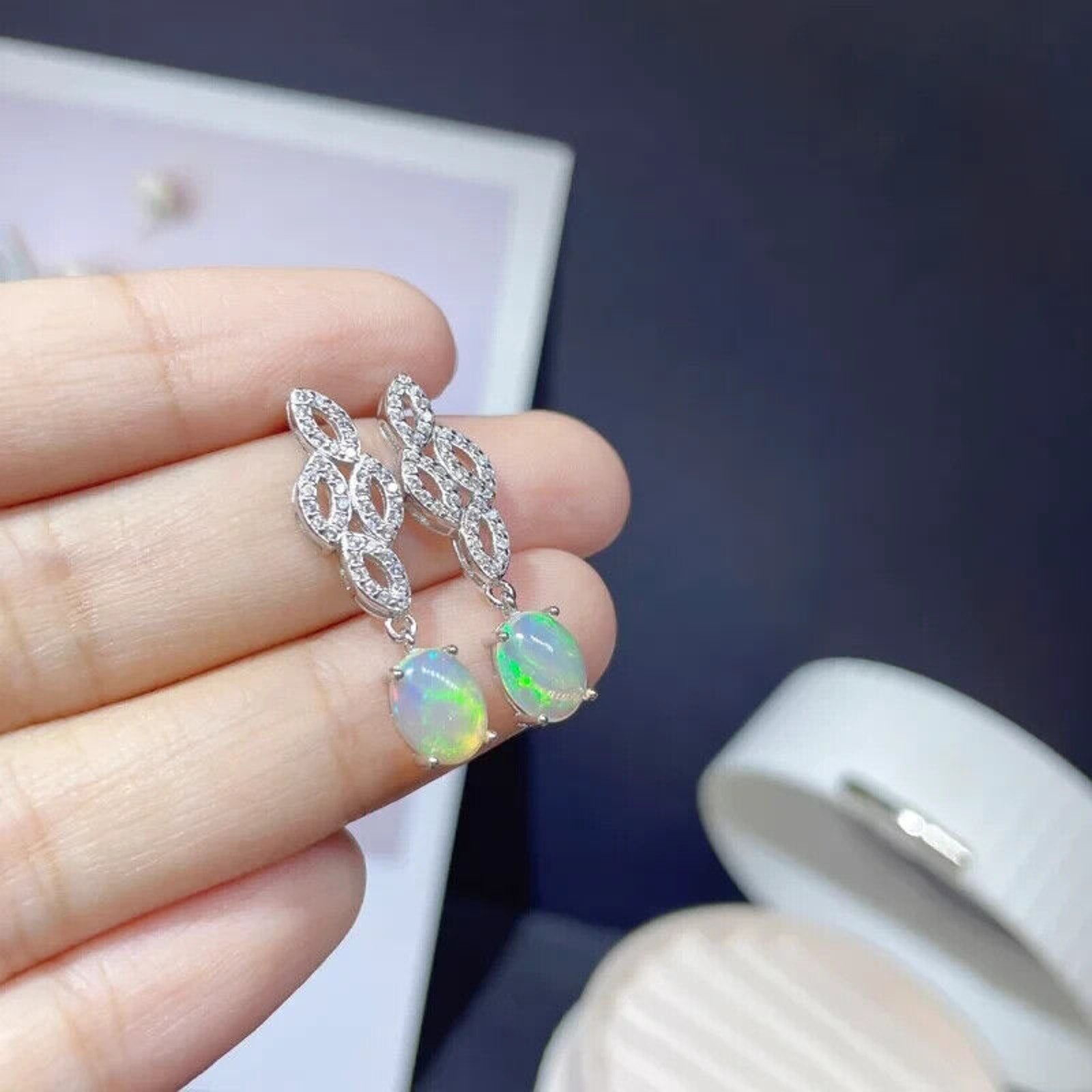 Natural Fire Opal Rose Gold Dangle Earrings, Colorful Fire Opal Earrings 6x8mm