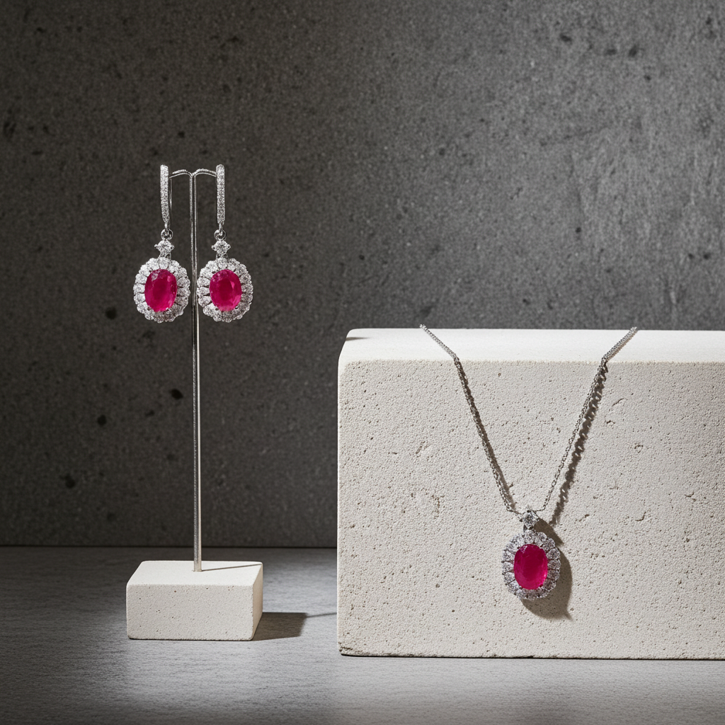 Natural Ruby Jewelry Set 6x8mm Pendant, Earrings, and Ring
