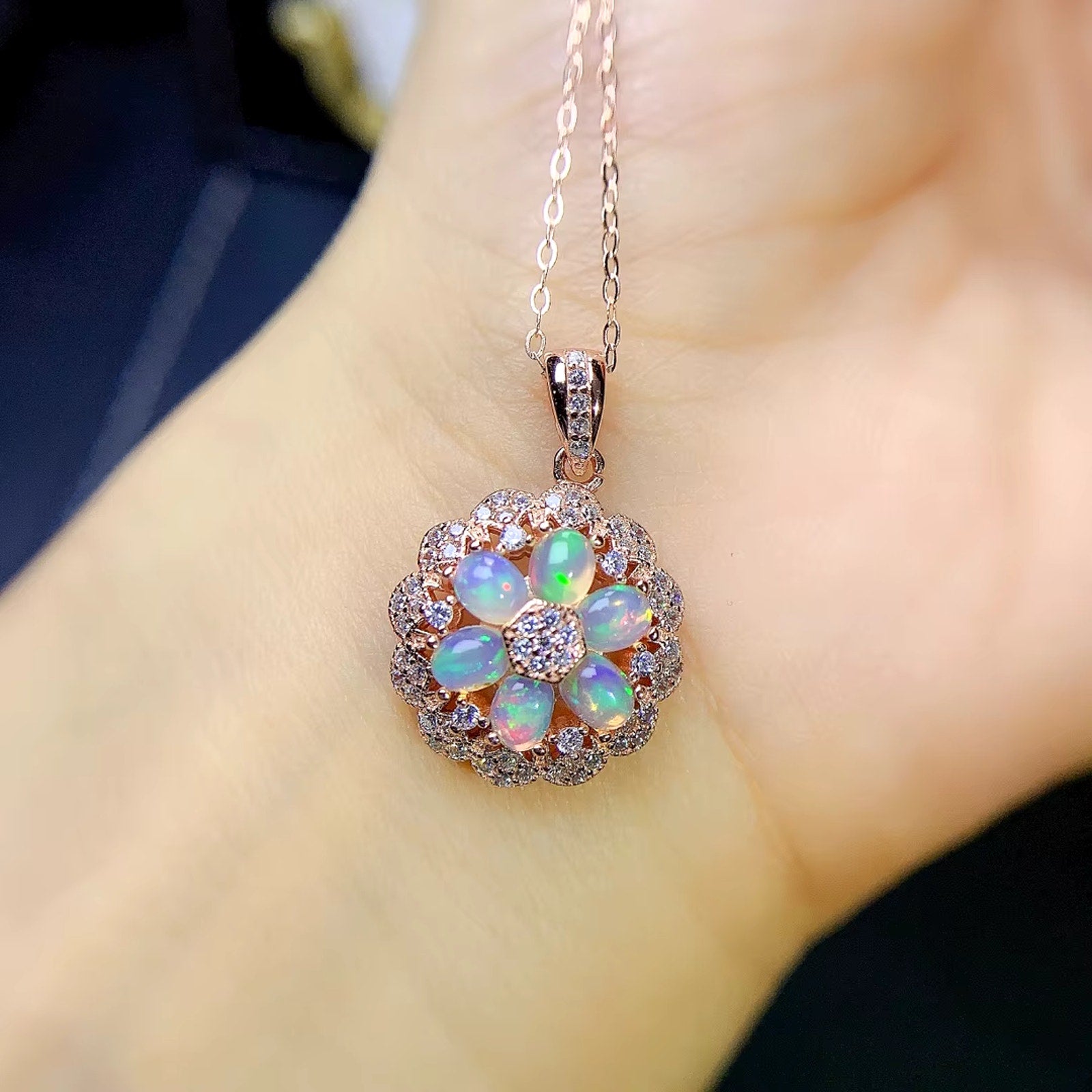 Fire Opal Cluster Pendant Necklace and Ring, Natural Opal Jewelry Set