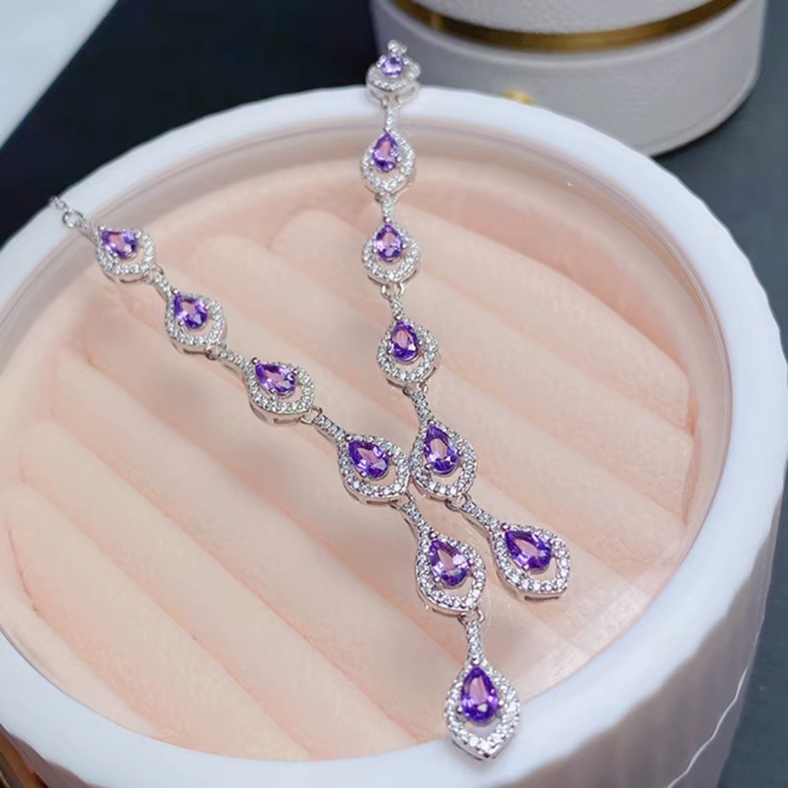Natural Amethyst Gemstone Clavicle Necklace 925 Sterling Silver 3x5mm