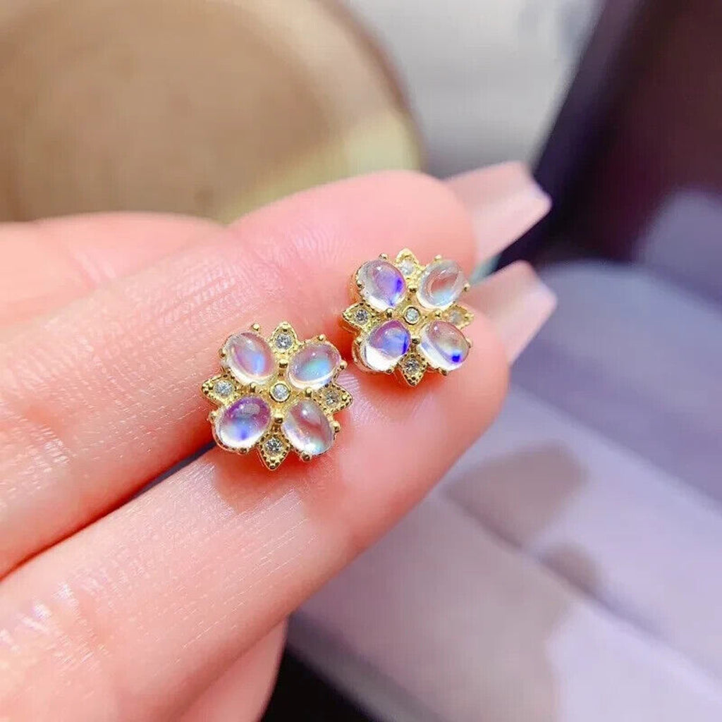 Natural Moonstone Cluster Stud Earrings 3x4mm, Moonstone Earrings 925 Sterling