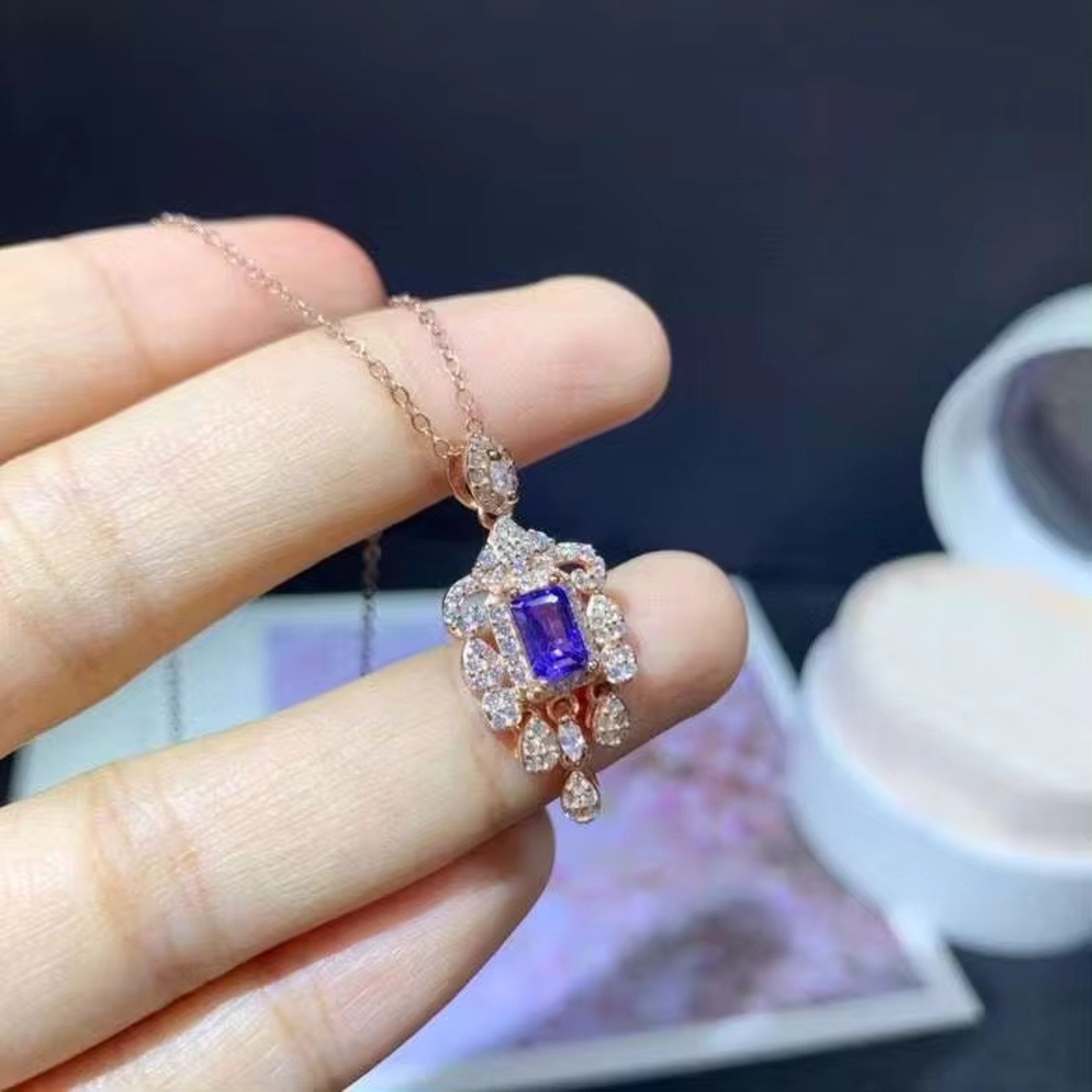 Tanzanite Pendant Necklace, Natural Purple Tanzanite Gemstone Necklace 4x6mm