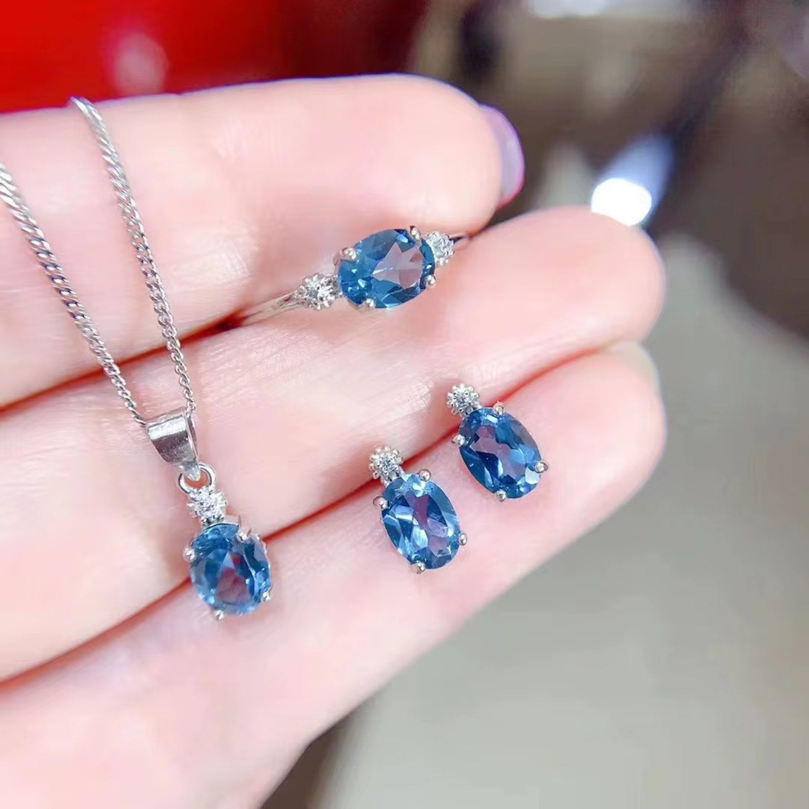 London Blue Topaz Jewelry Set Oval Cut 5x7mm 925 Sterling Silver