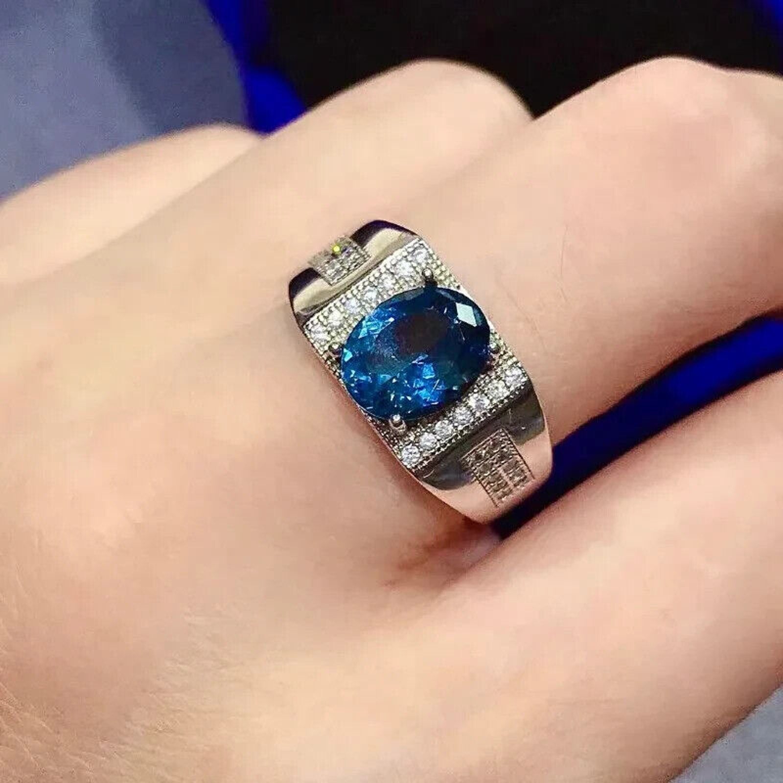 Men's London Blue Topaz Cocktail Ring, Men's Blue Gemstone Ring's Sterling
